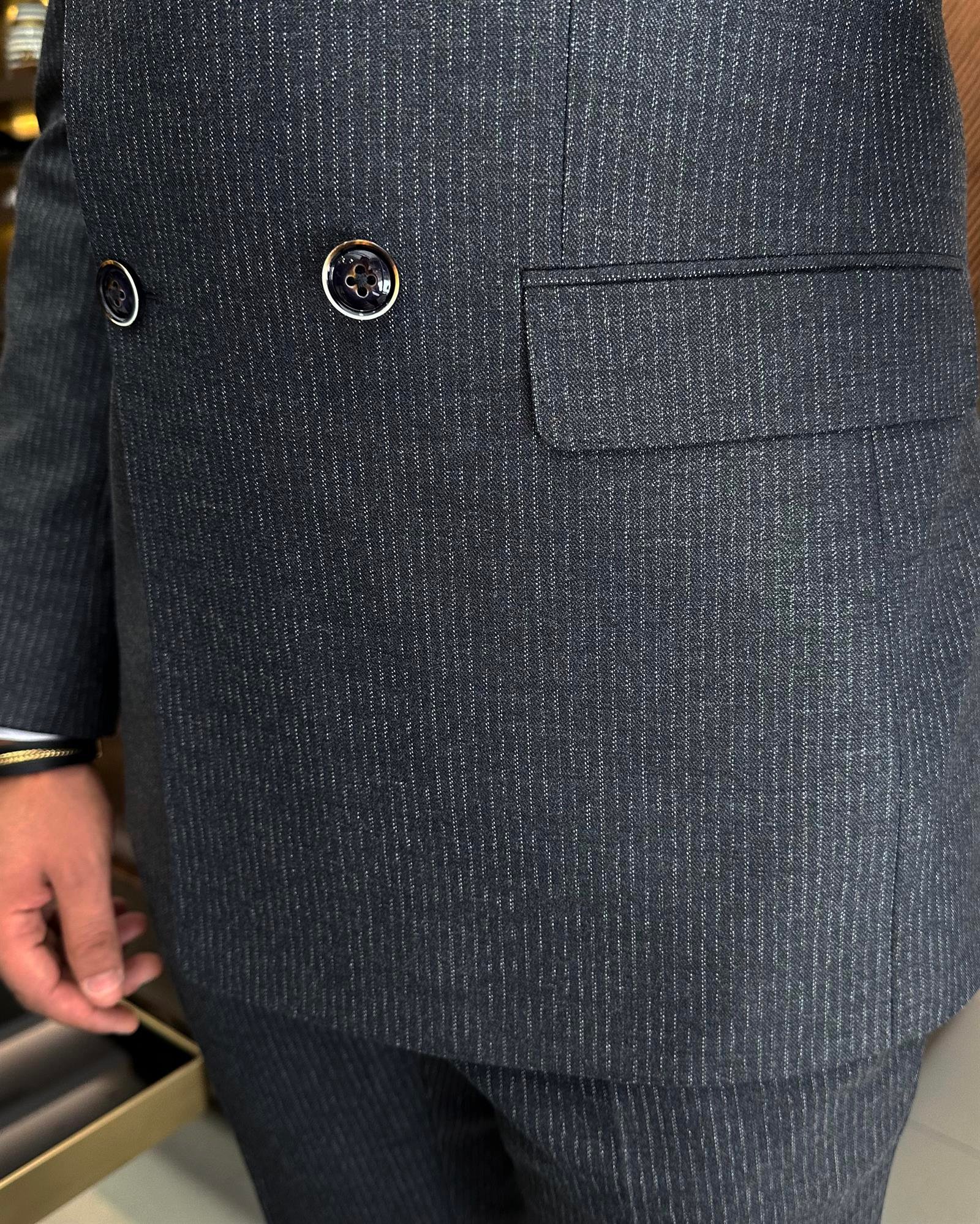 İtalyan stil slim fit çizgili ceket pantolon takım elbise lacivert T9949