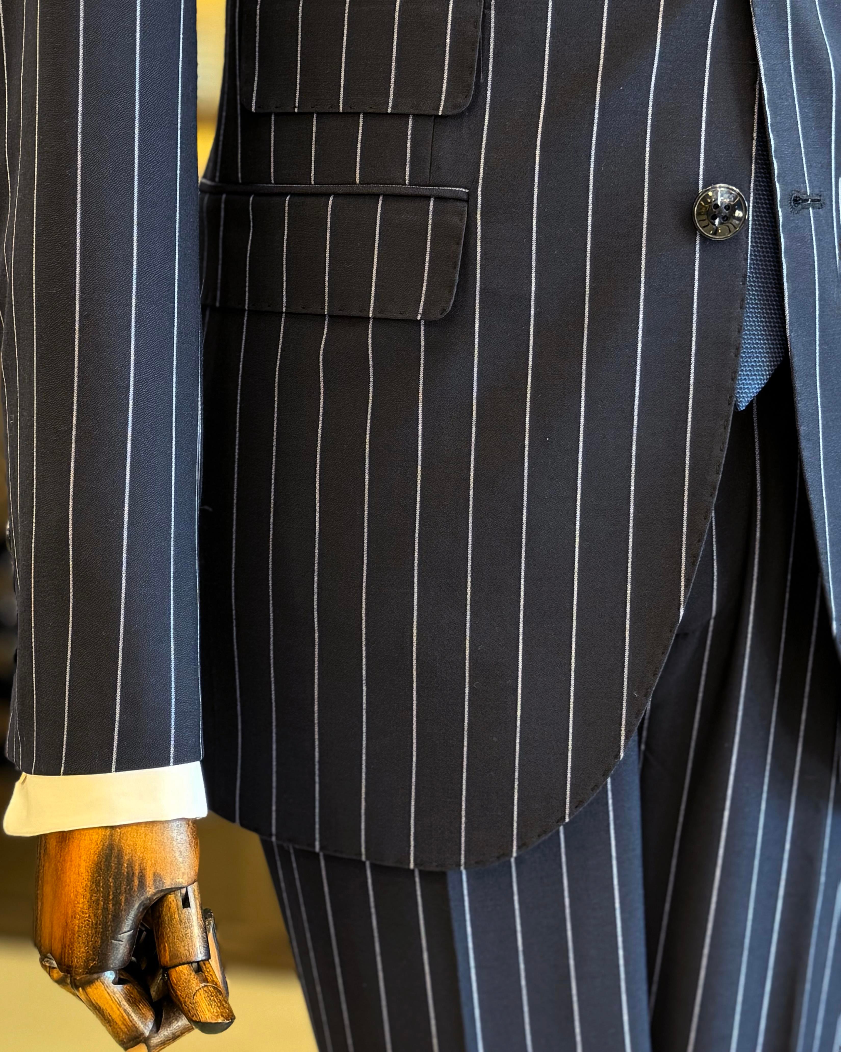 İtalyan stil slim fit çizgili ceket pantolon takım elbise lacivert T11928