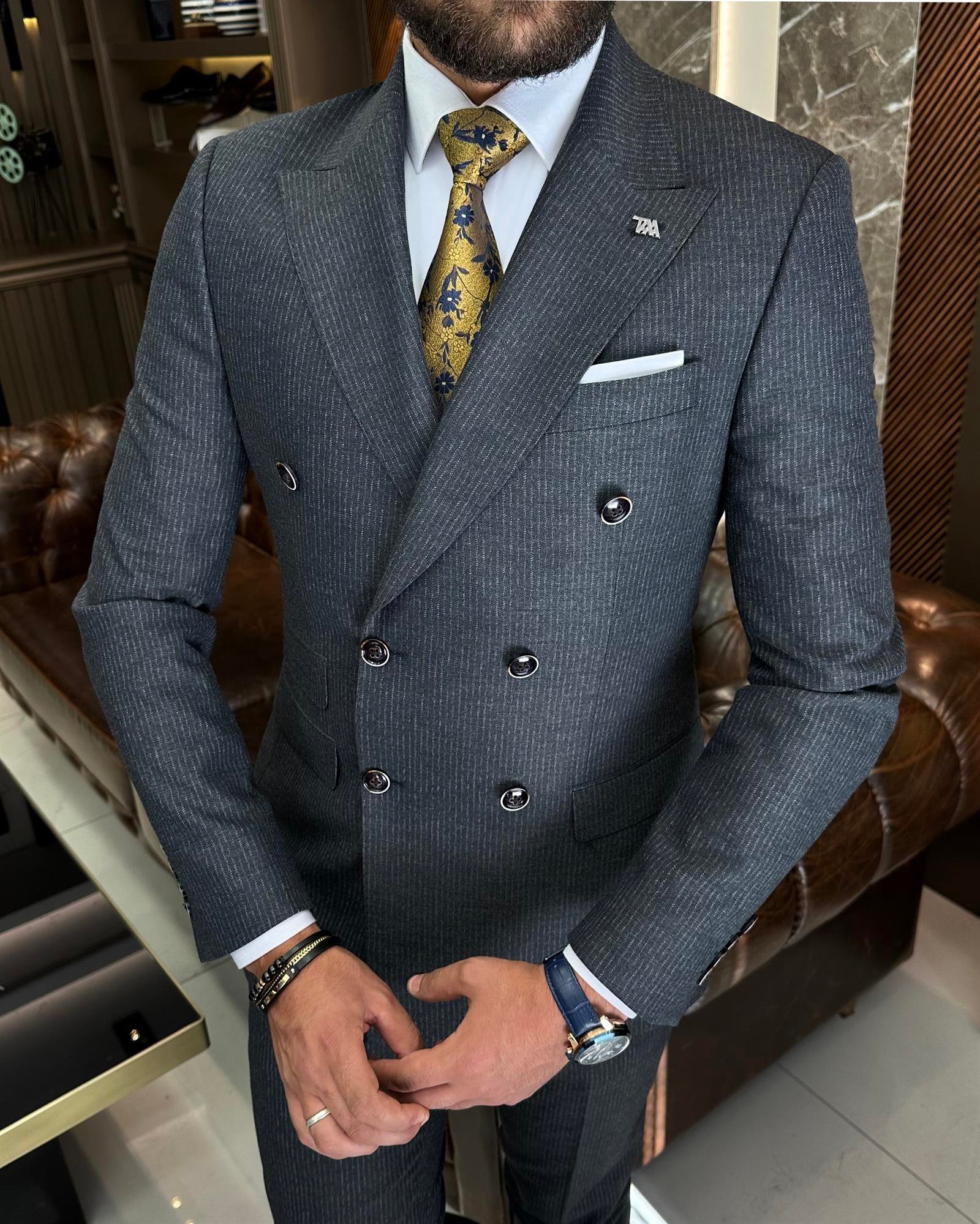 İtalyan stil slim fit çizgili ceket pantolon takım elbise lacivert T9949