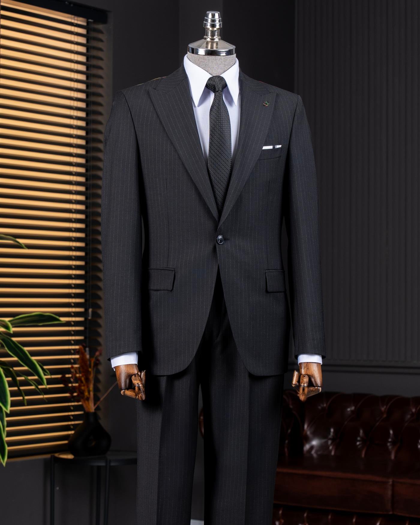 İtalyan stil slim fit çizgili ceket pantolon takım elbise siyah T14147