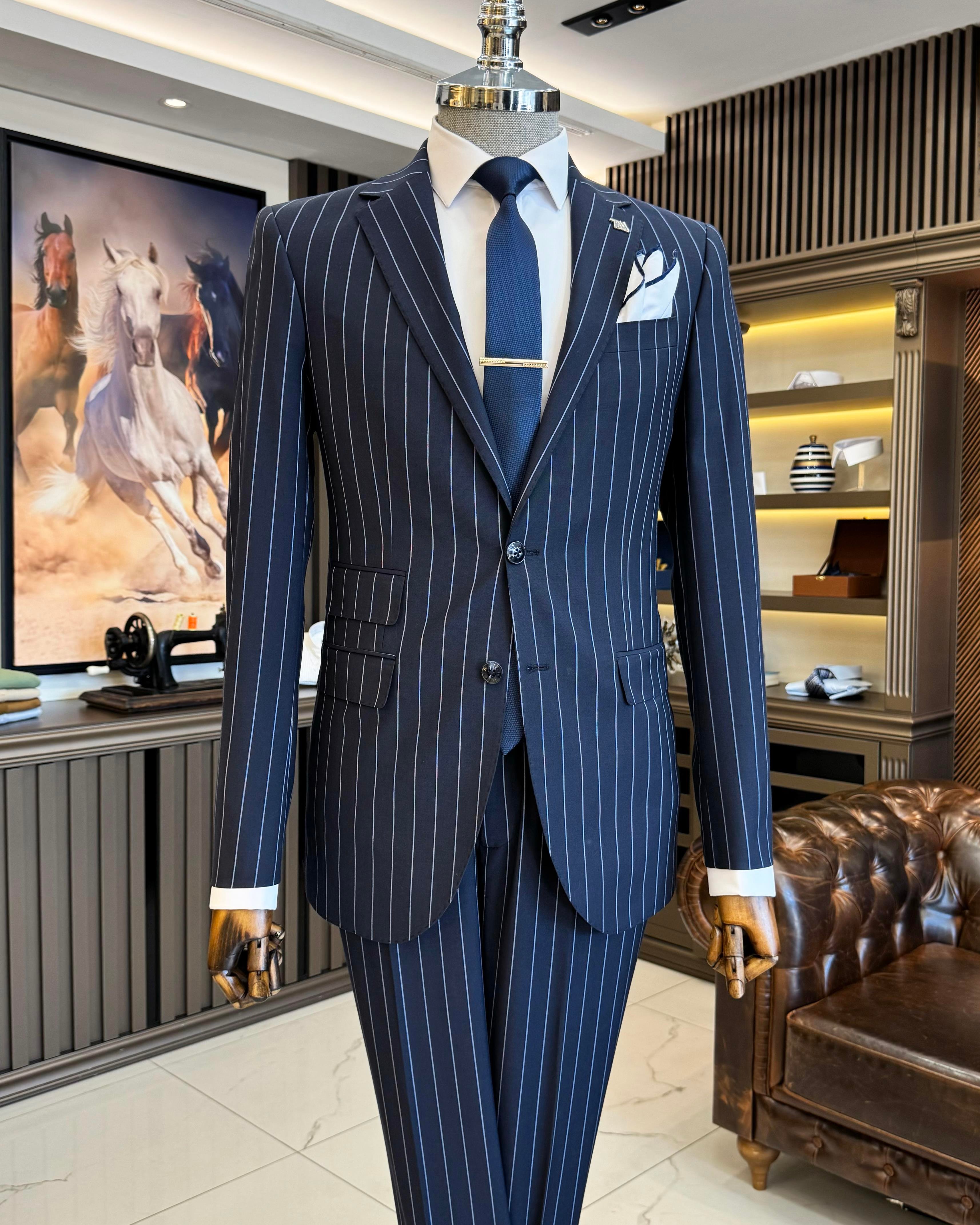 İtalyan stil slim fit çizgili ceket pantolon takım elbise lacivert T11928