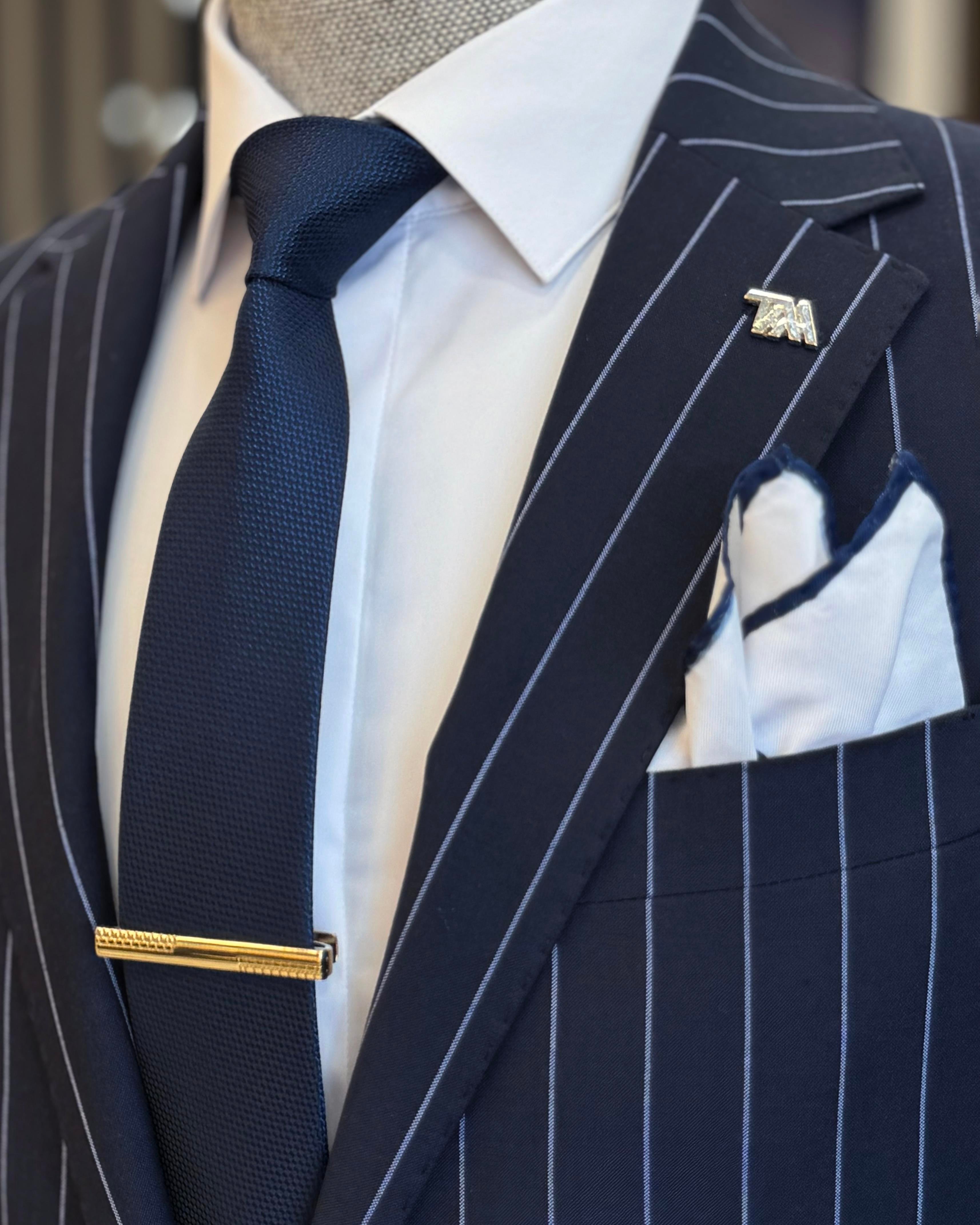 İtalyan stil slim fit çizgili ceket pantolon takım elbise lacivert T11928