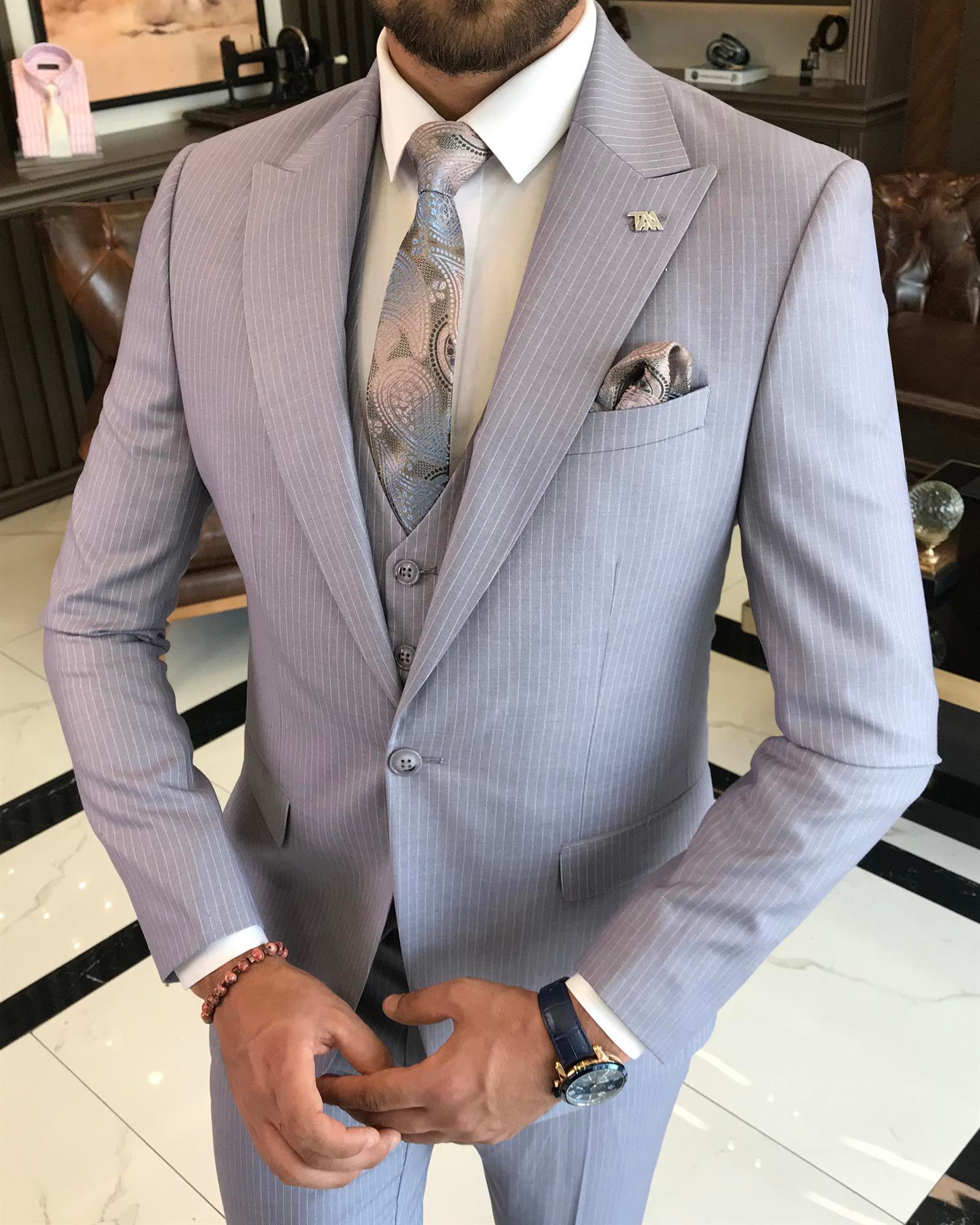 İtalyan stil slim fit çizgili ceket yelek pantolon takım elbise mavi T9750