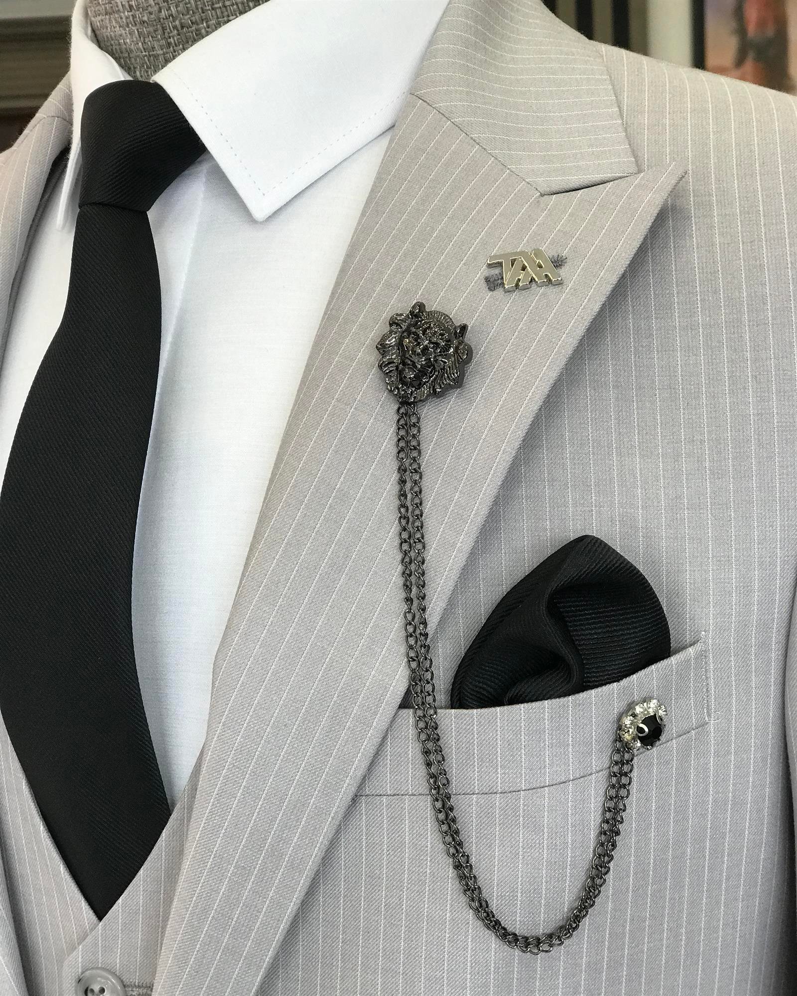 İtalyan stil slim fit çizgili ceket yelek pantolon takım elbise gri T9751