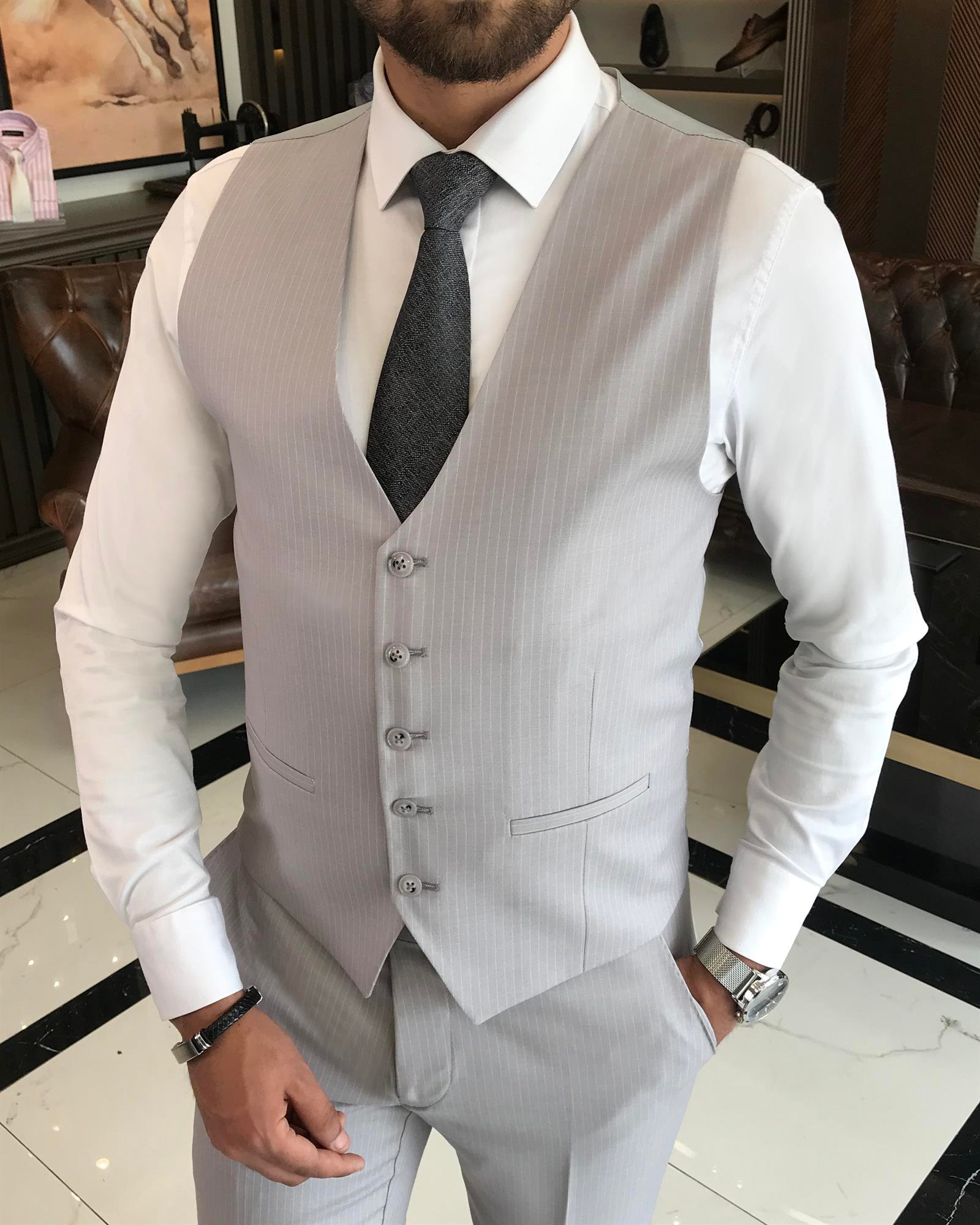 İtalyan stil slim fit çizgili ceket yelek pantolon takım elbise gri T9751
