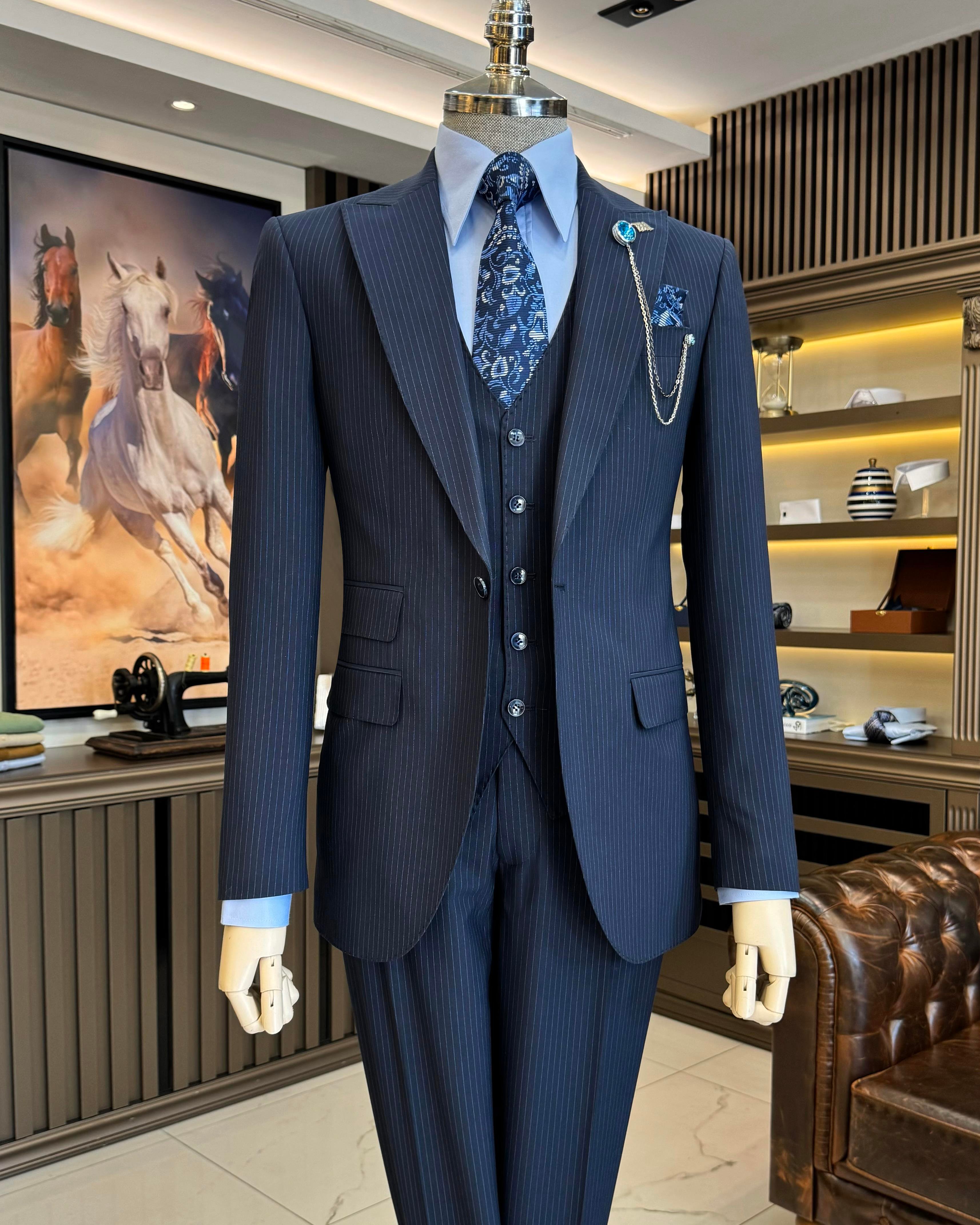İtalyan stil slim fit çizgili ceket yelek pantolon takım elbise lacivert T11817