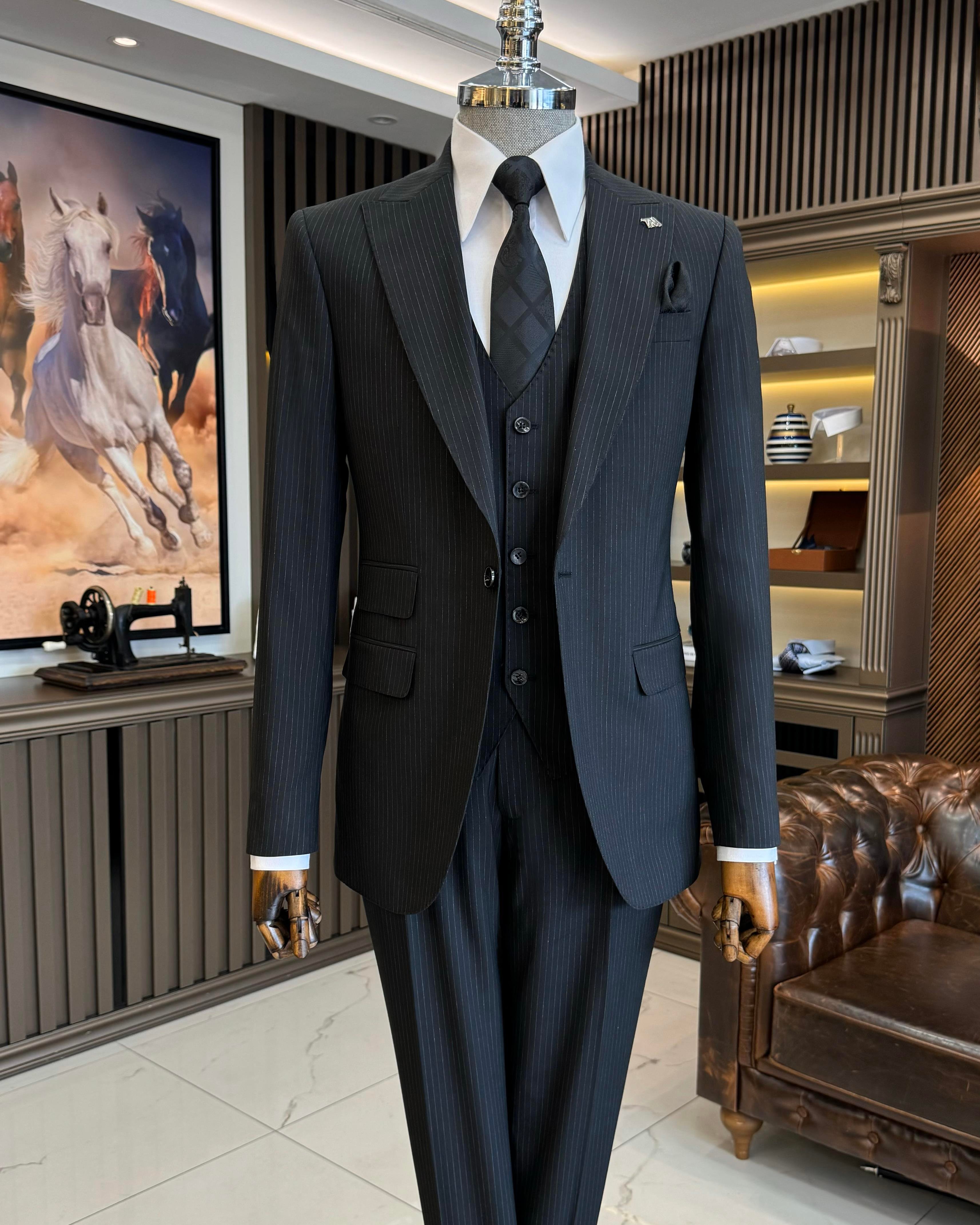İtalyan stil slim fit çizgili ceket yelek pantolon takım elbise siyah T11815