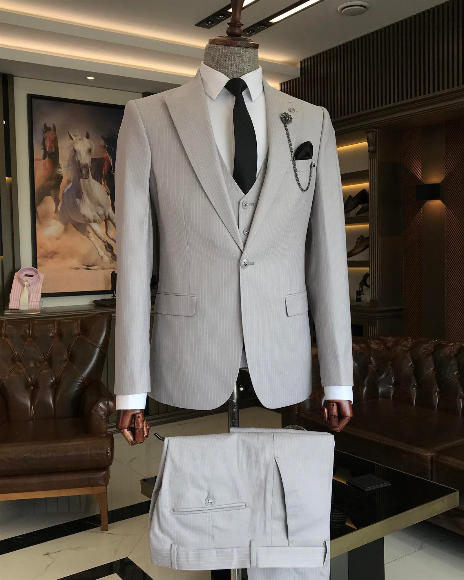 İtalyan stil slim fit çizgili ceket yelek pantolon takım elbise gri T9751