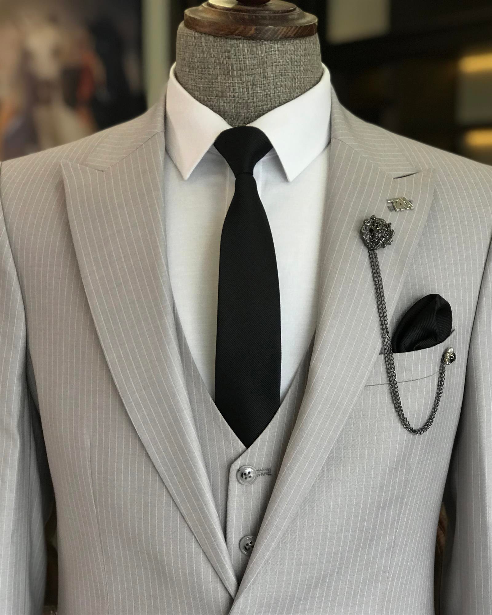 İtalyan stil slim fit çizgili ceket yelek pantolon takım elbise gri T9751