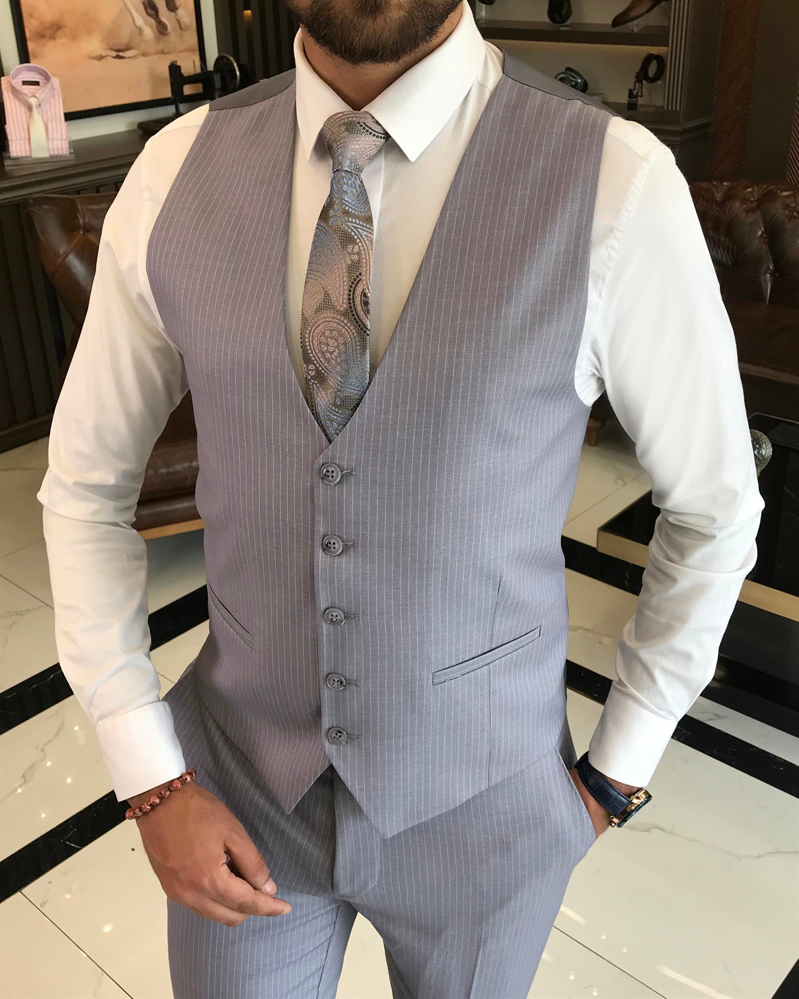 İtalyan stil slim fit çizgili ceket yelek pantolon takım elbise mavi T9750