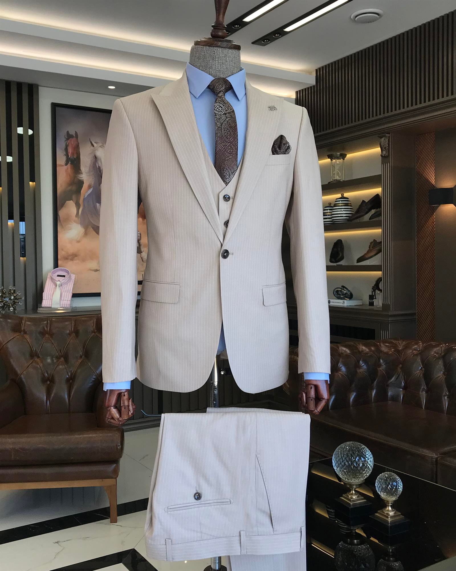 Italian style slim fit striped jacket vest pant suit beige T9748