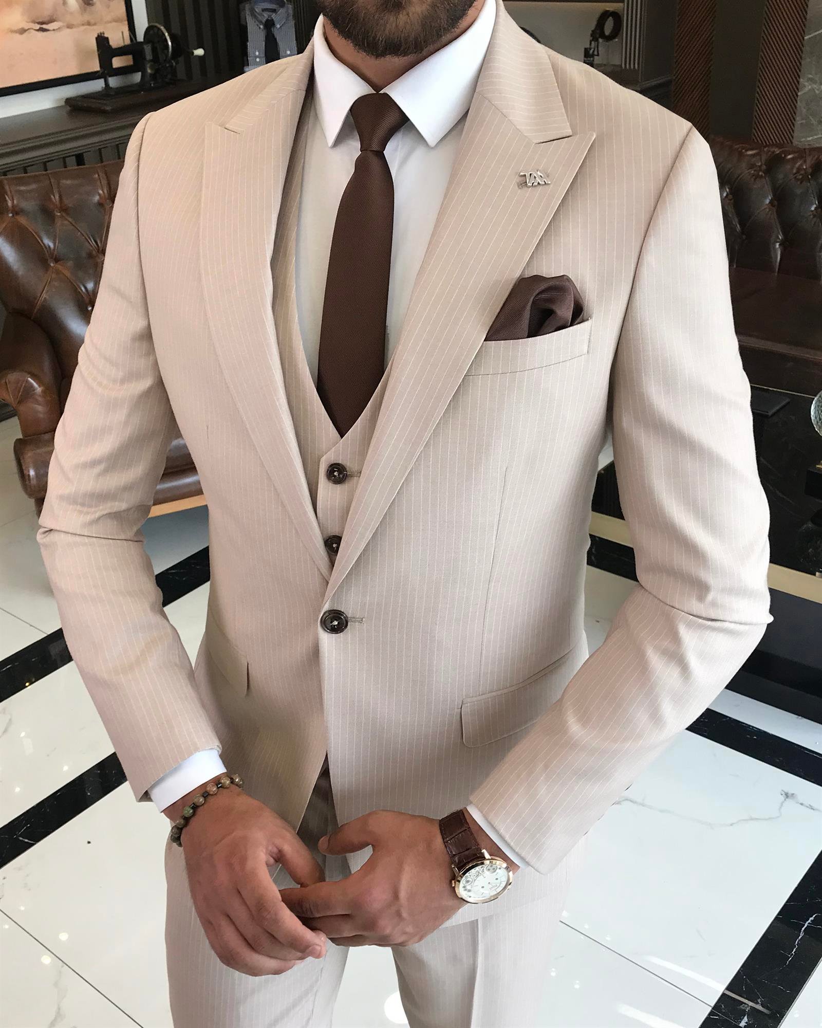Italian style slim fit striped jacket vest pant suit beige T9748