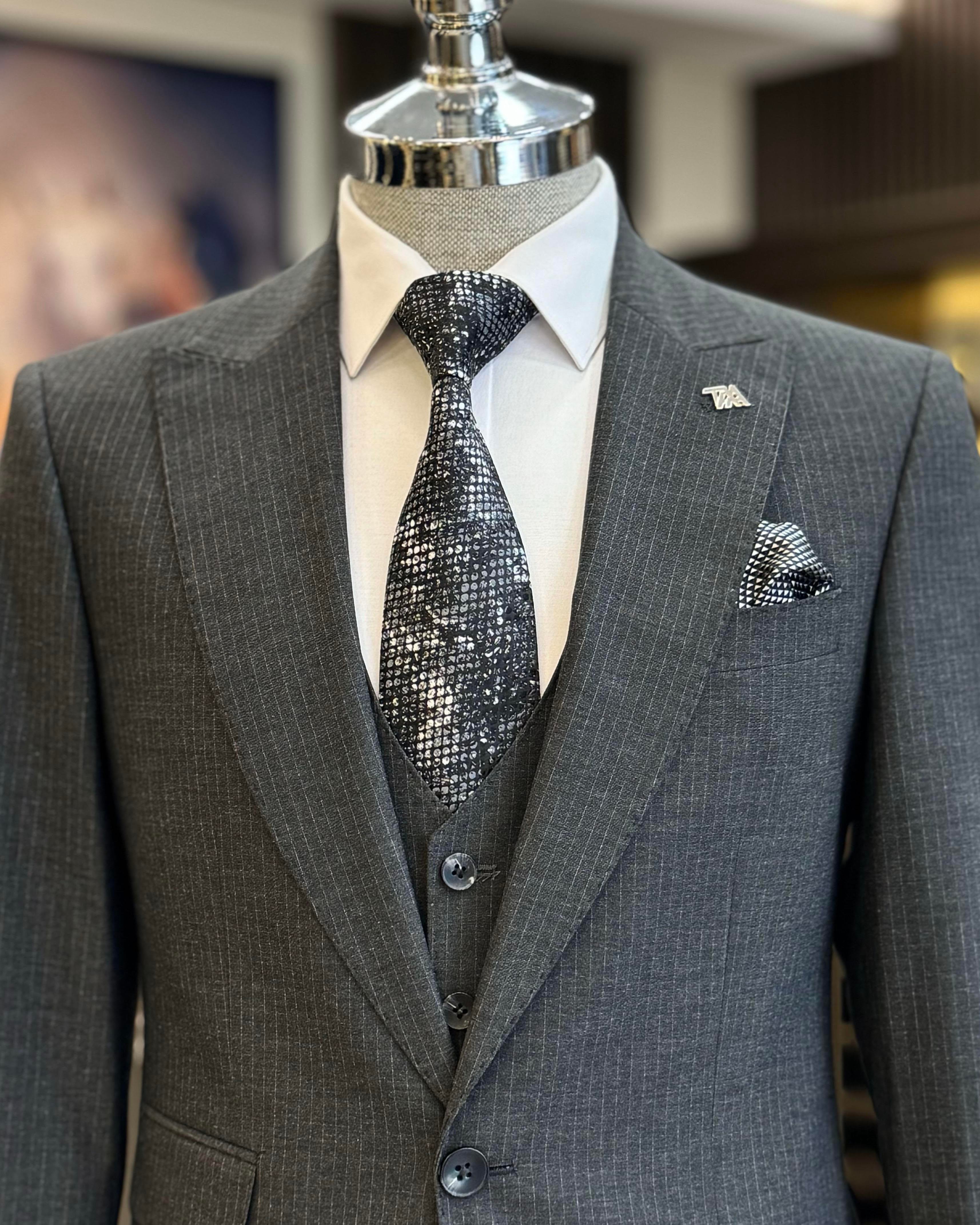 İtalyan stil slim fit çizgili ceket yelek pantolon takım elbise antrasit T11816