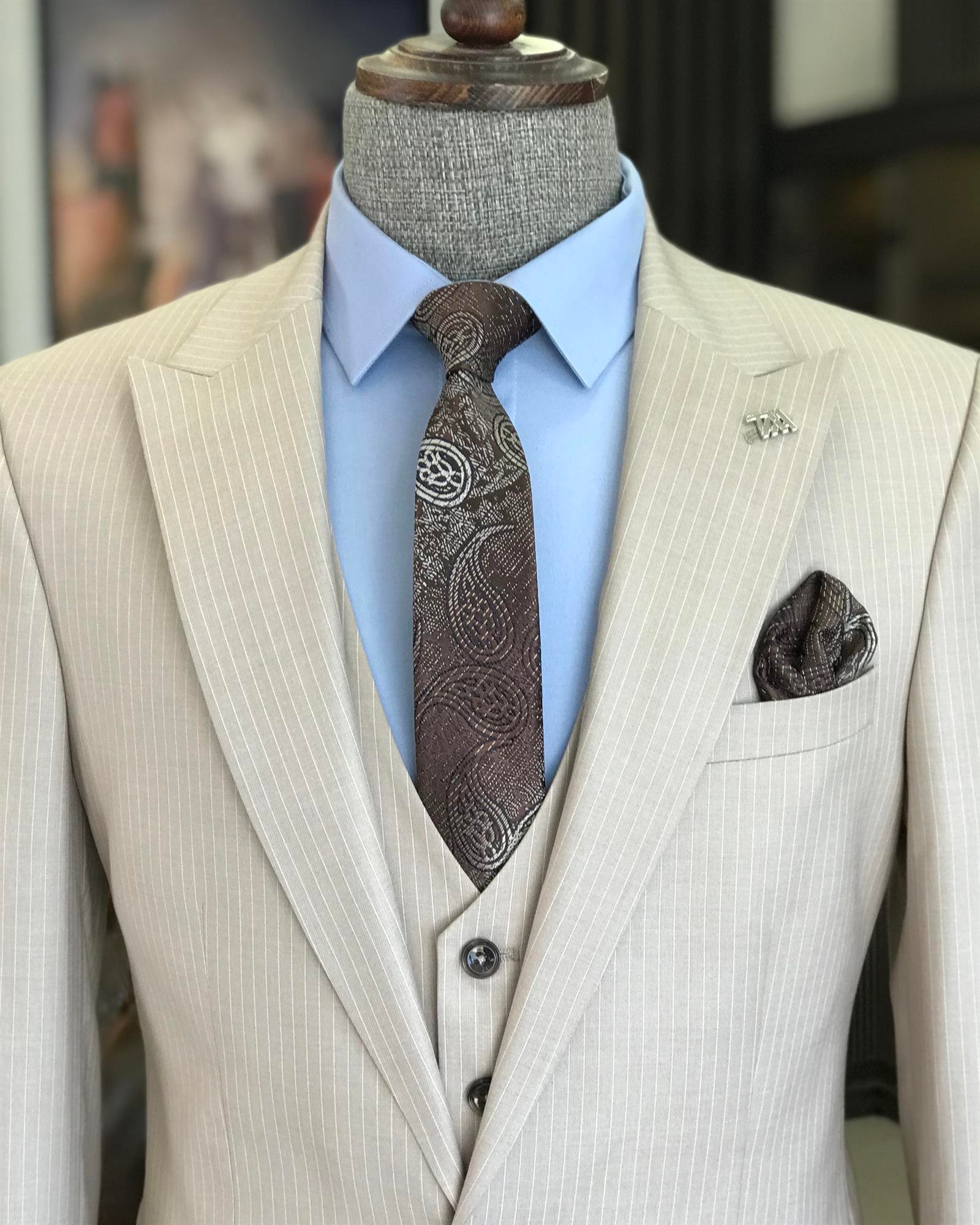 Italian style slim fit striped jacket vest pant suit beige T9748