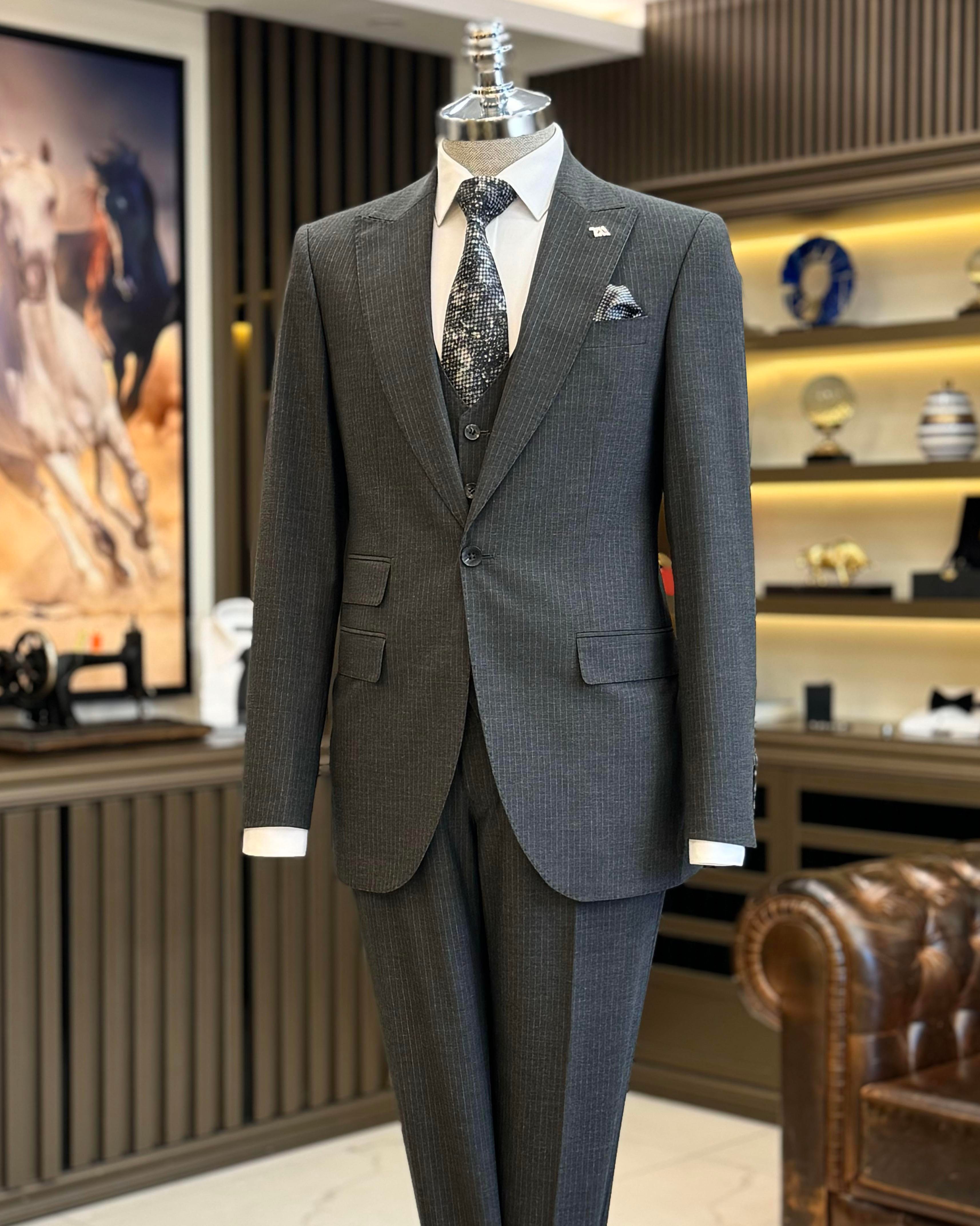 İtalyan stil slim fit çizgili ceket yelek pantolon takım elbise antrasit T11816