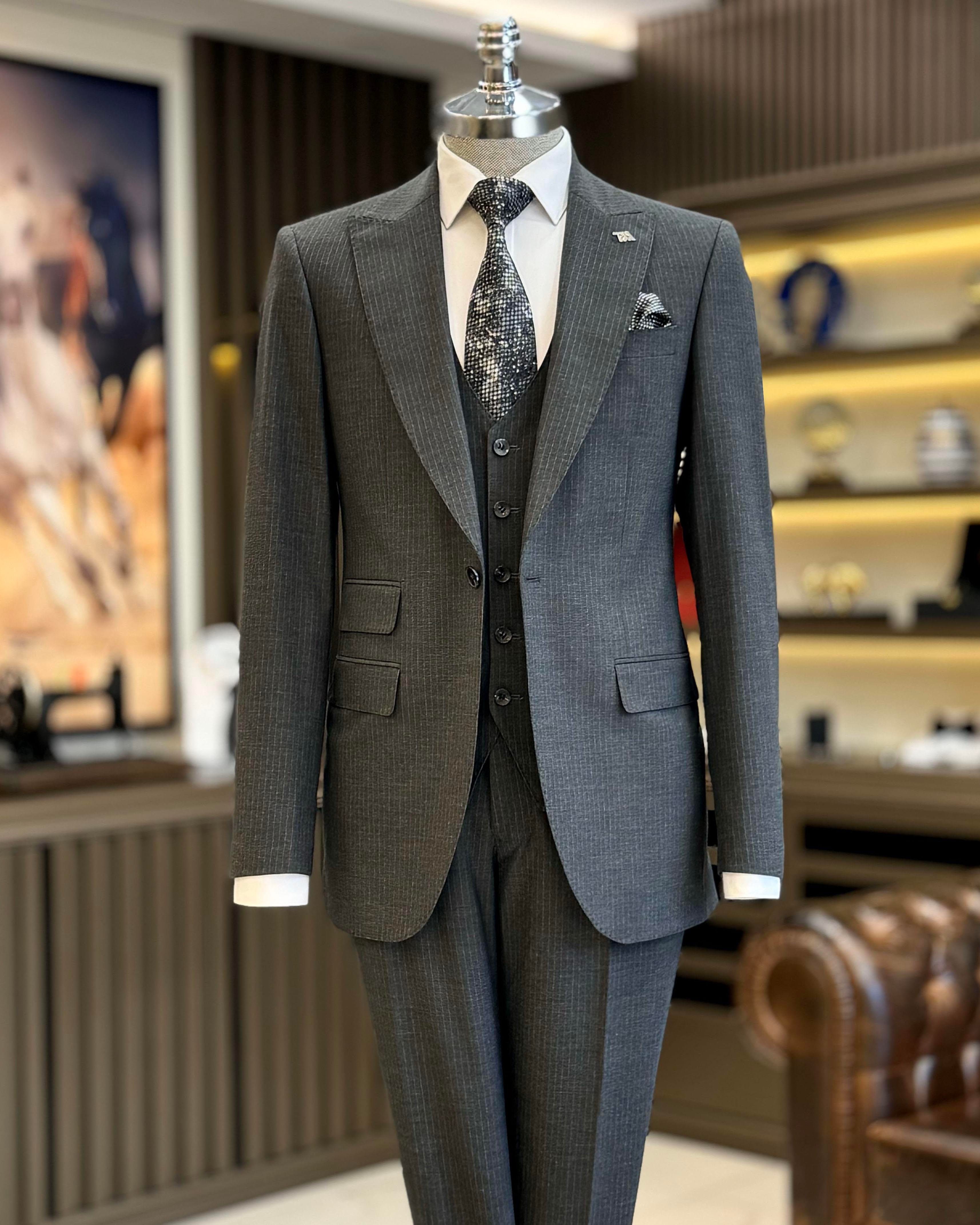 İtalyan stil slim fit çizgili ceket yelek pantolon takım elbise antrasit T11816