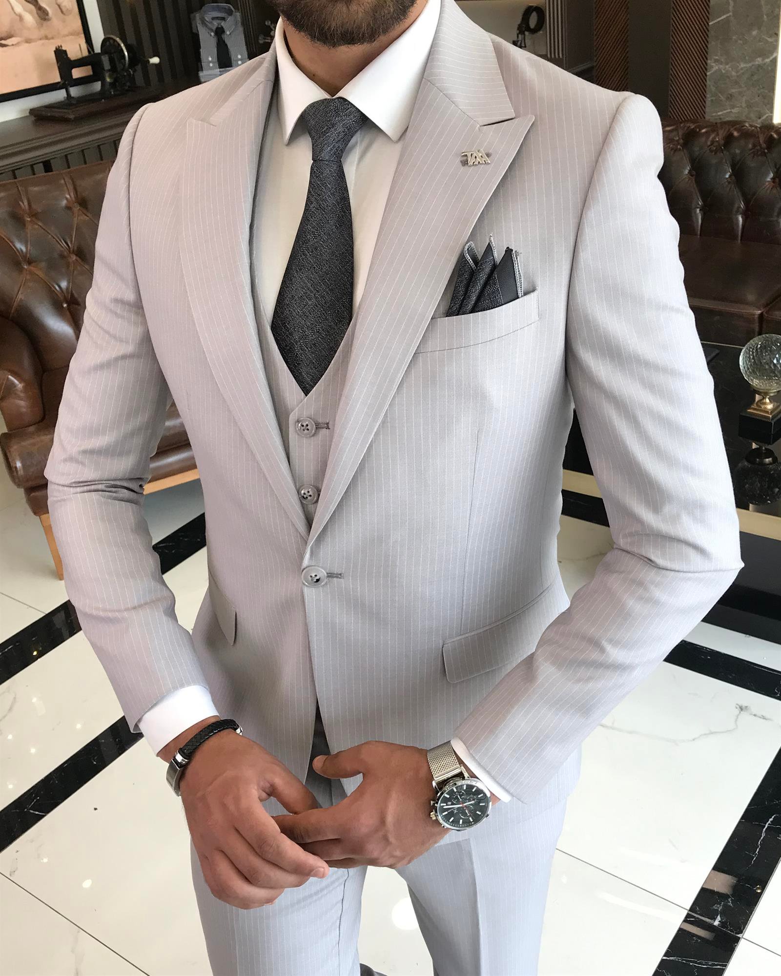 İtalyan stil slim fit çizgili ceket yelek pantolon takım elbise gri T9751