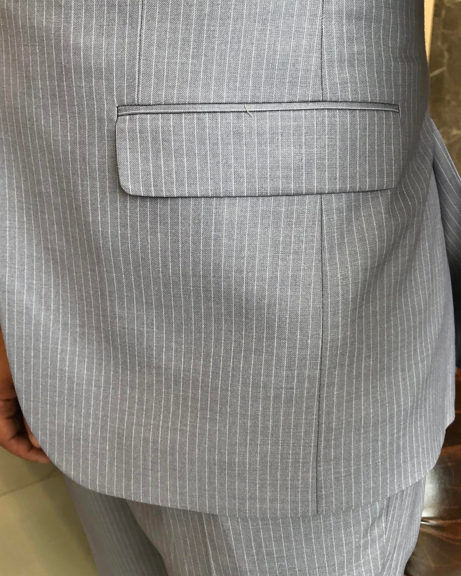 İtalyan stil slim fit çizgili ceket yelek pantolon takım elbise mavi T9750