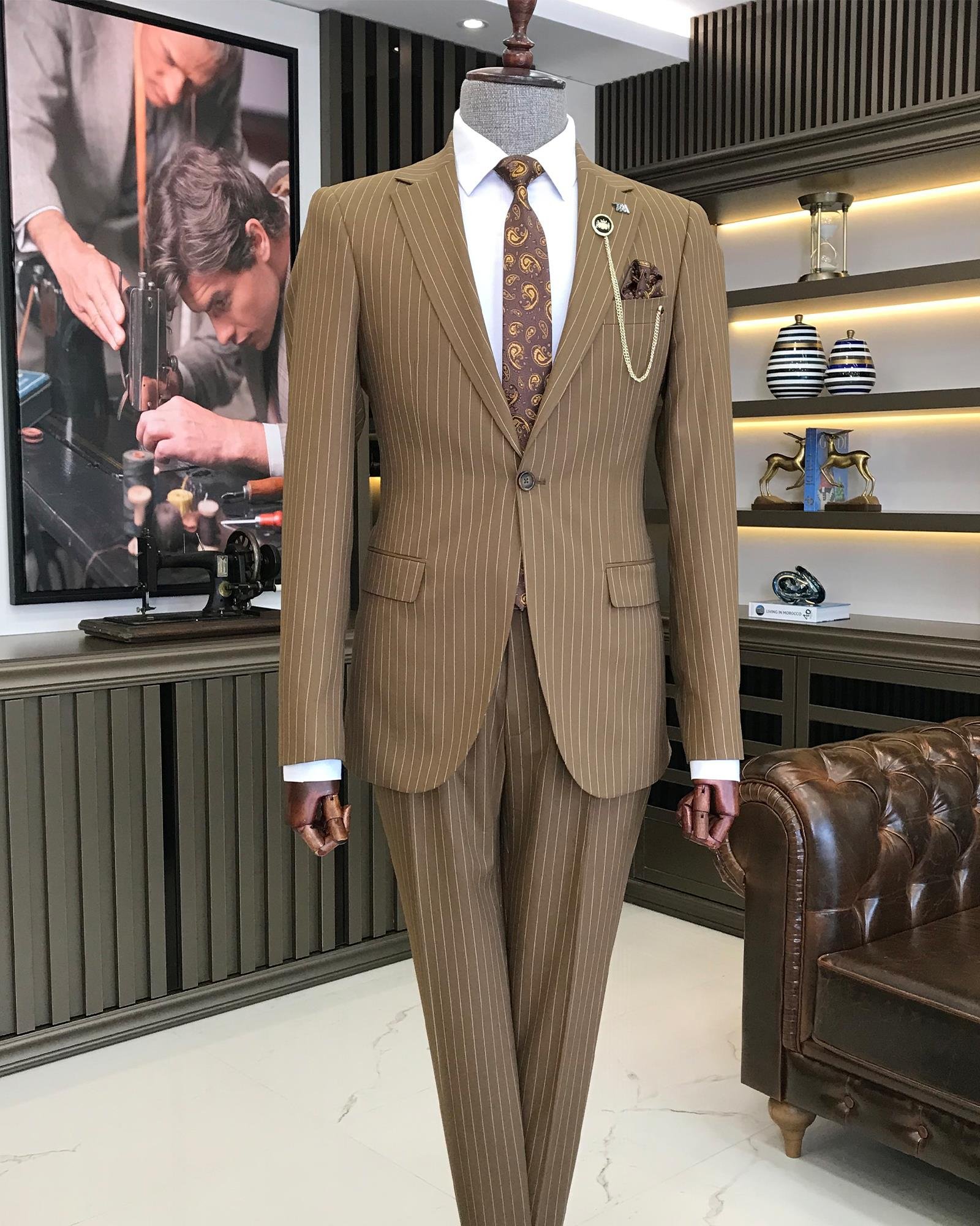 İtalyan stil slim fit çizgili erkek ceket pantolon takım elbise Kahverengi T7193