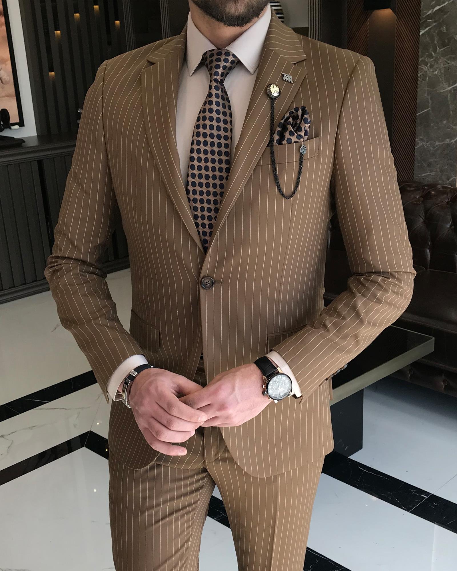 İtalyan stil slim fit çizgili erkek ceket pantolon takım elbise Kahverengi T7193