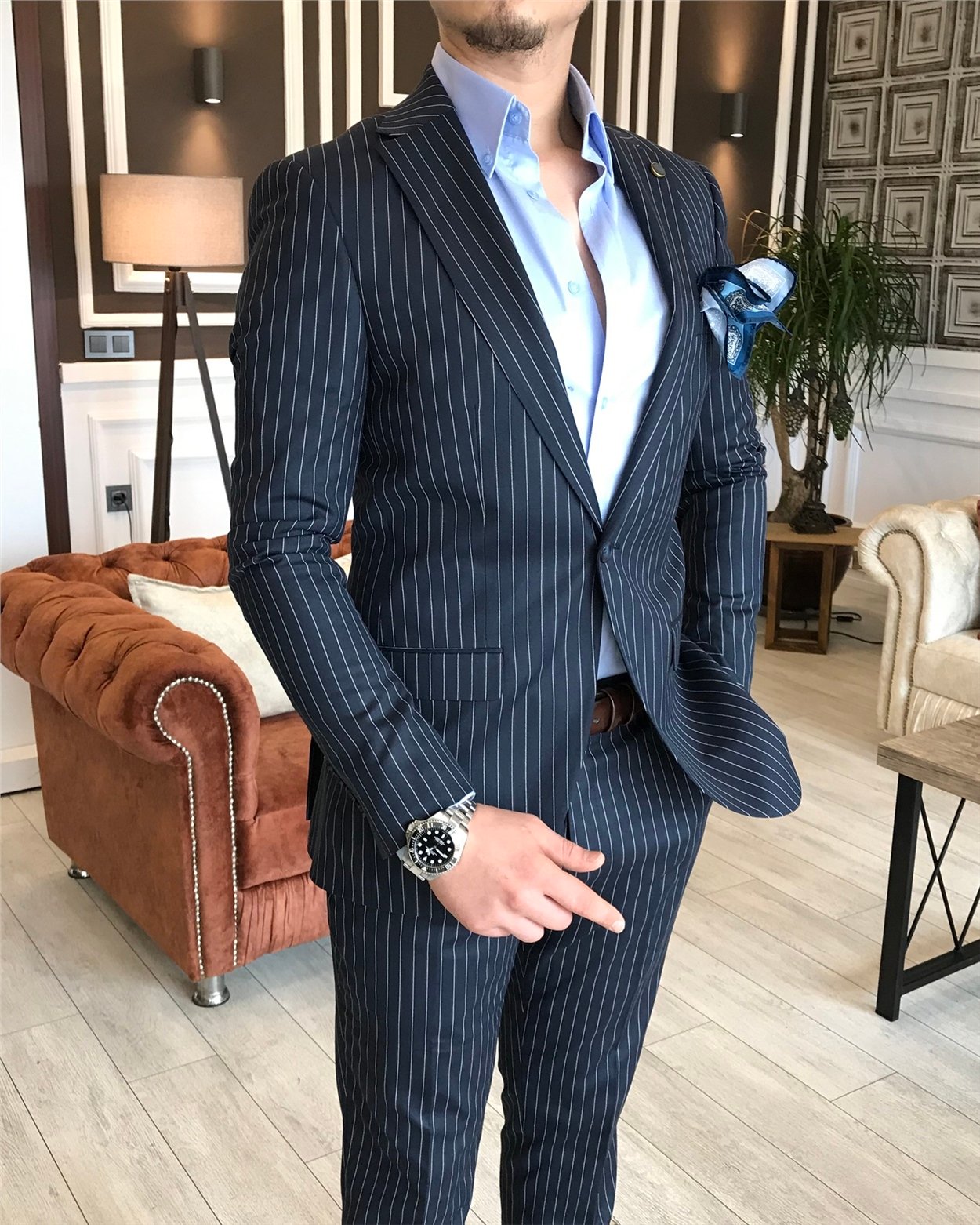 İtalyan stil slim fit çizgili erkek ceket pantolon takım elbise Koyu Lacivert T4896