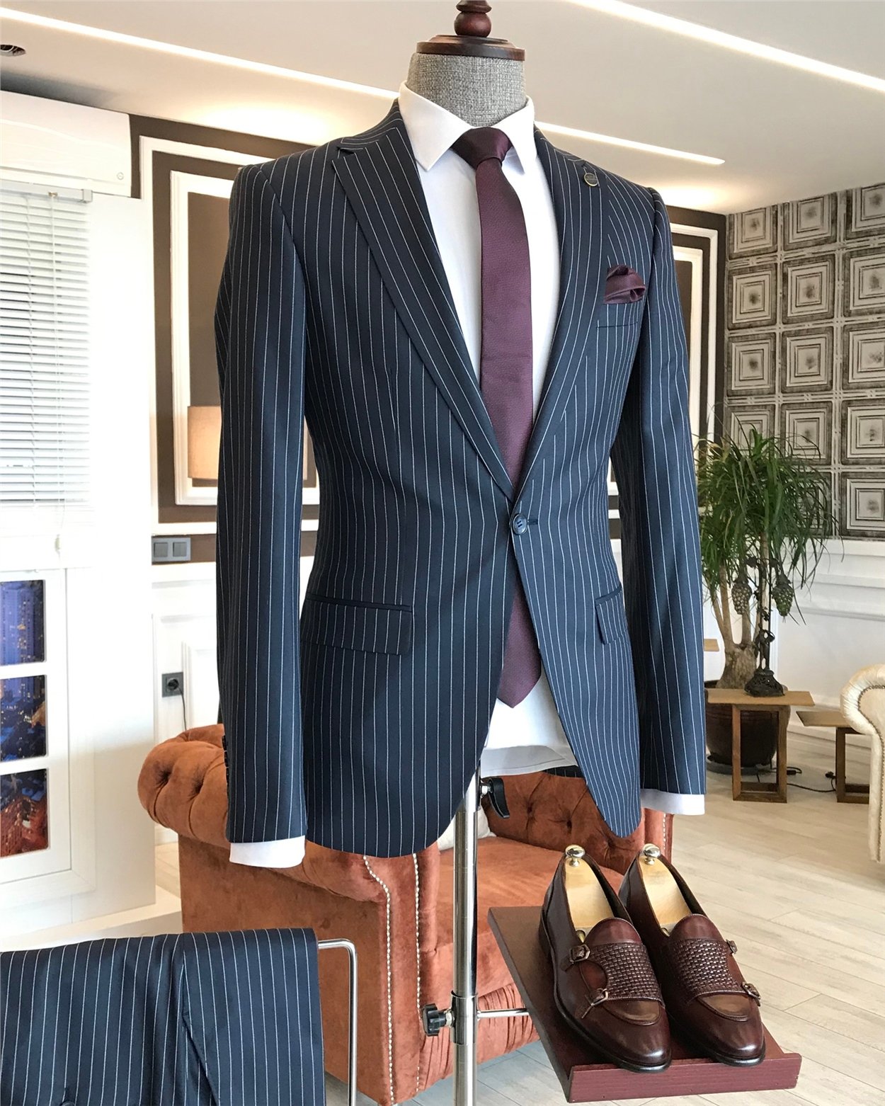 İtalyan stil slim fit çizgili erkek ceket pantolon takım elbise Koyu Lacivert T4896