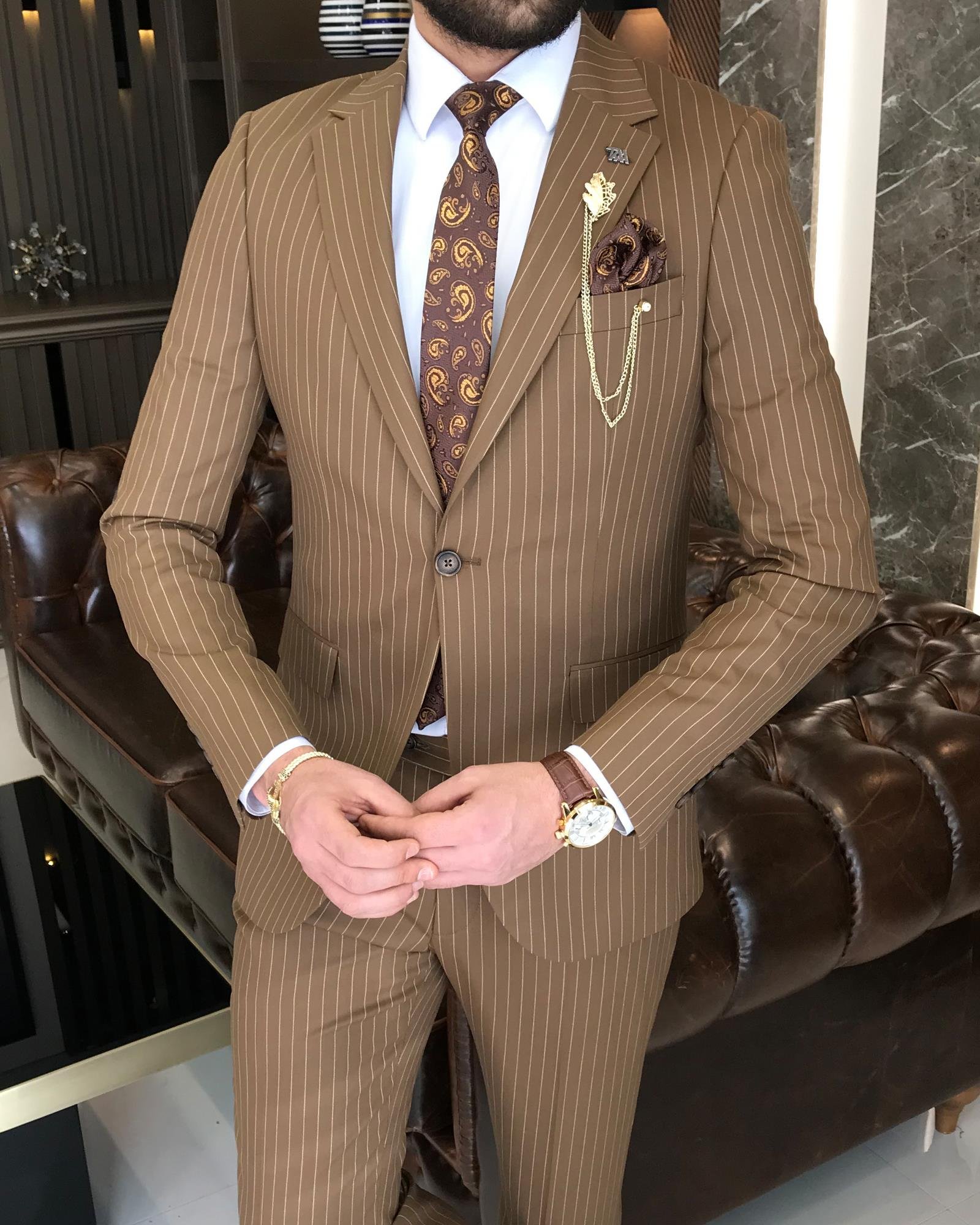 İtalyan stil slim fit çizgili erkek ceket pantolon takım elbise Kahverengi T7193