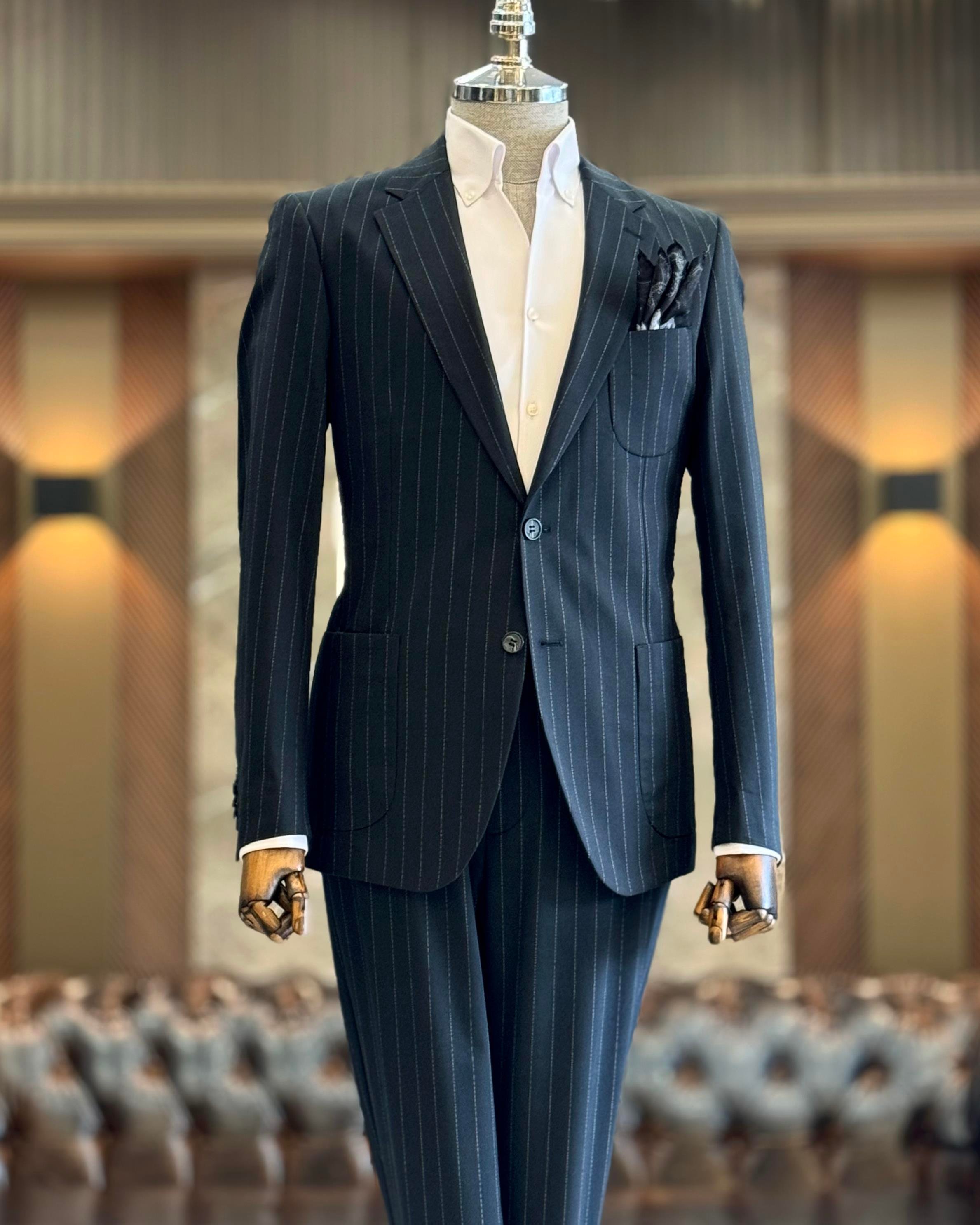İtalyan stil slim fit çizgili erkek ceket pantolon takım elbise siyah T12917