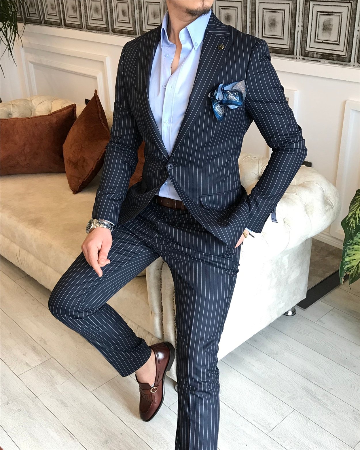 İtalyan stil slim fit çizgili erkek ceket pantolon takım elbise Koyu Lacivert T4896