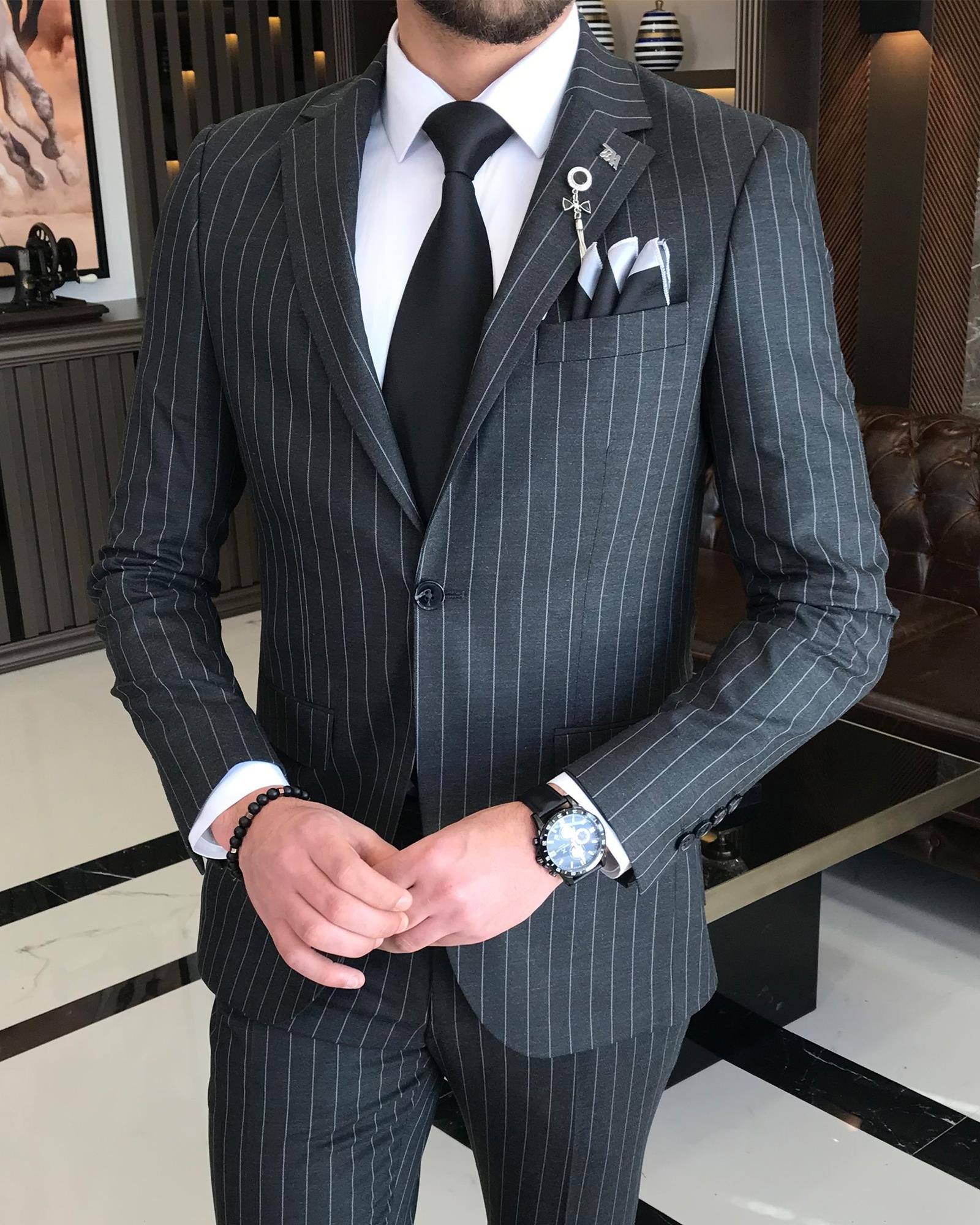 Italian Style Slim Fit Striped Men's Jacket Trousers Suit Anthracit T8672