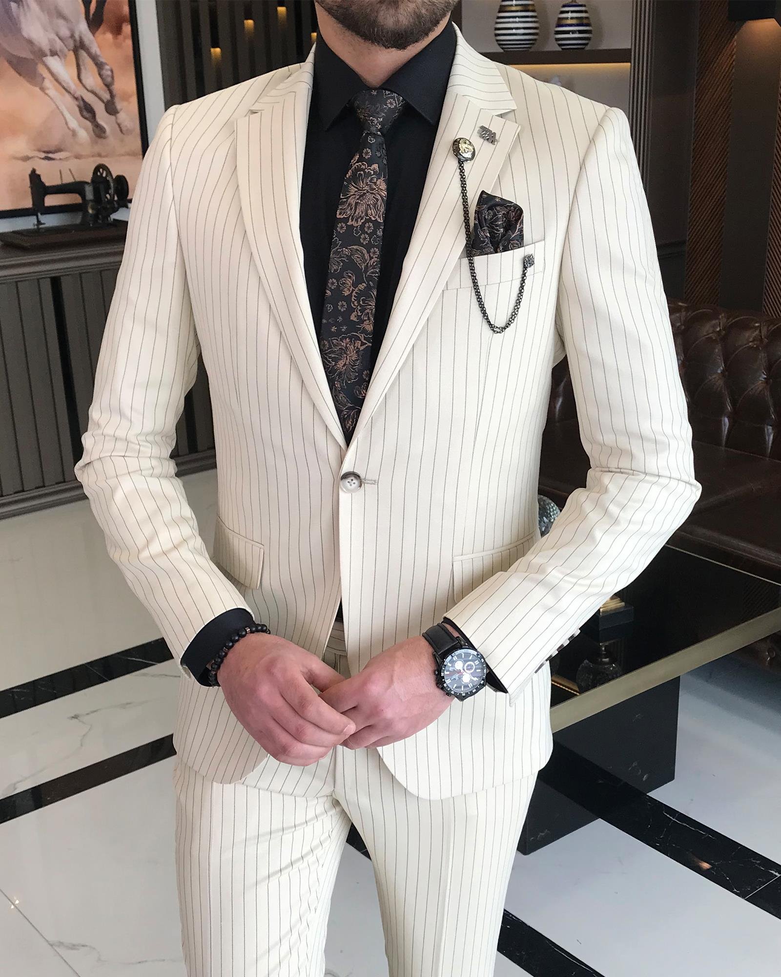 Italian Style Slim Fit Striped Men's Jacket Pants Suit Suit Beige T8670