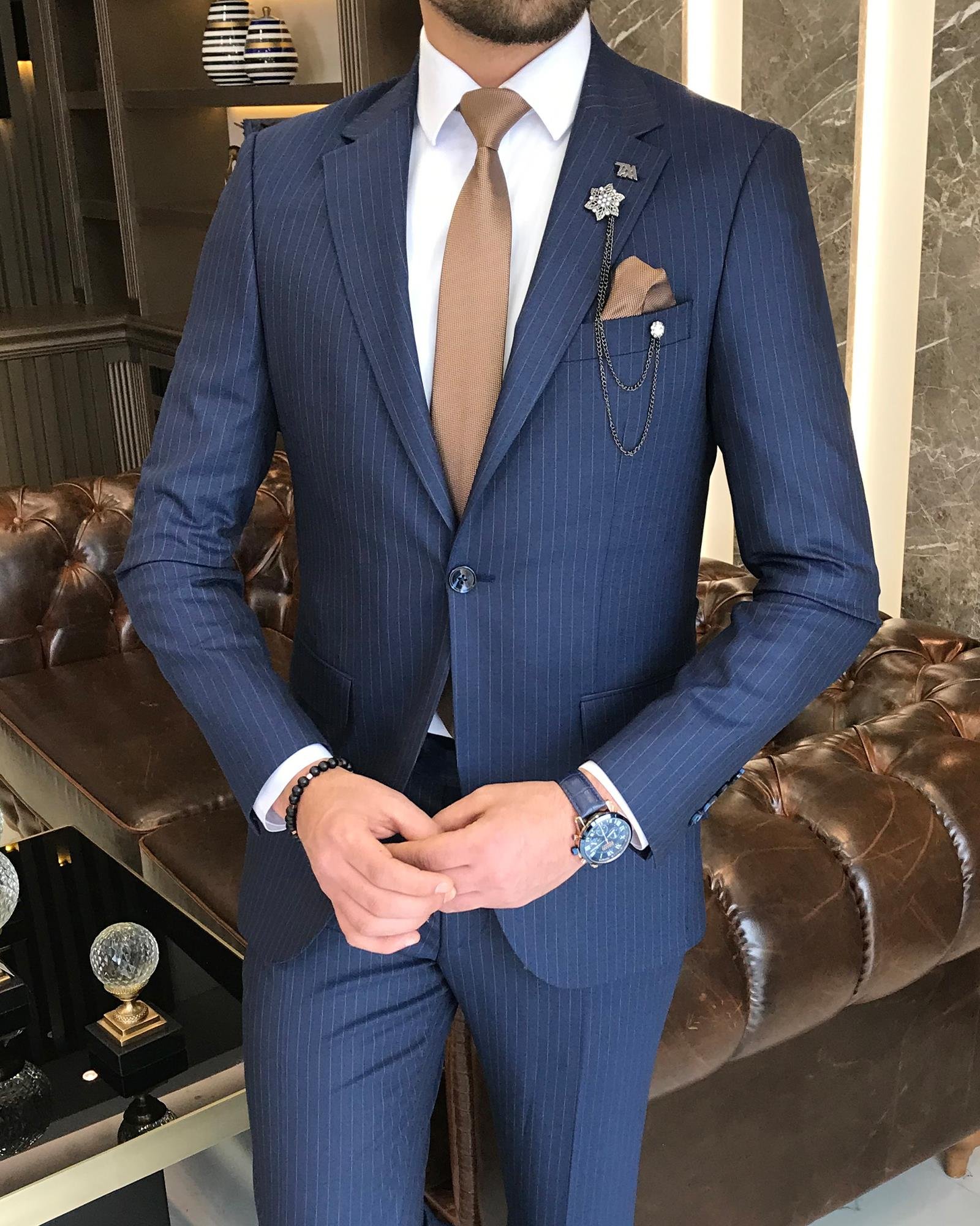 Italian Style Slim Fit Striped Men's Jacket Trousers Suit Navy Blue T8673