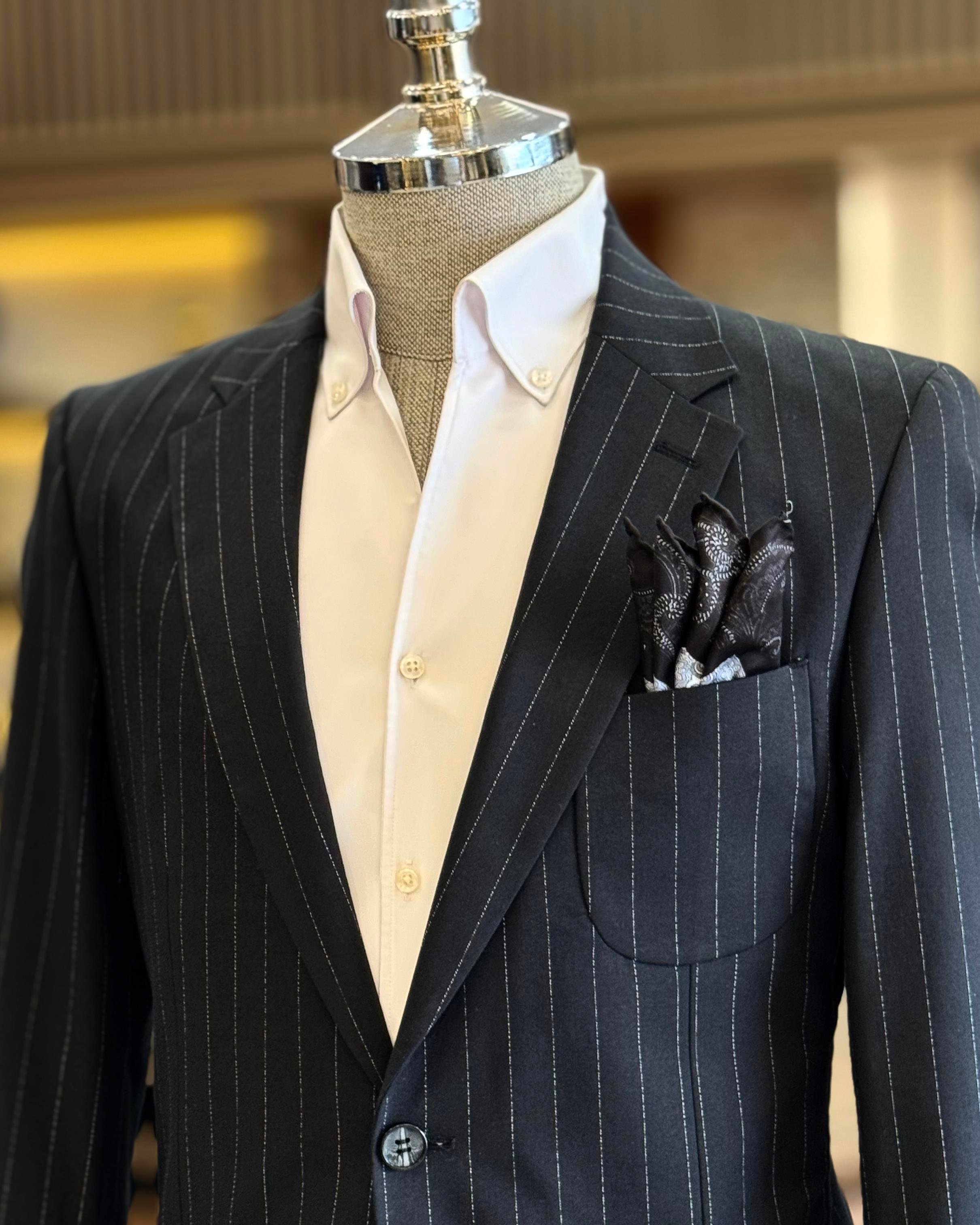 İtalyan stil slim fit çizgili erkek ceket pantolon takım elbise siyah T12917