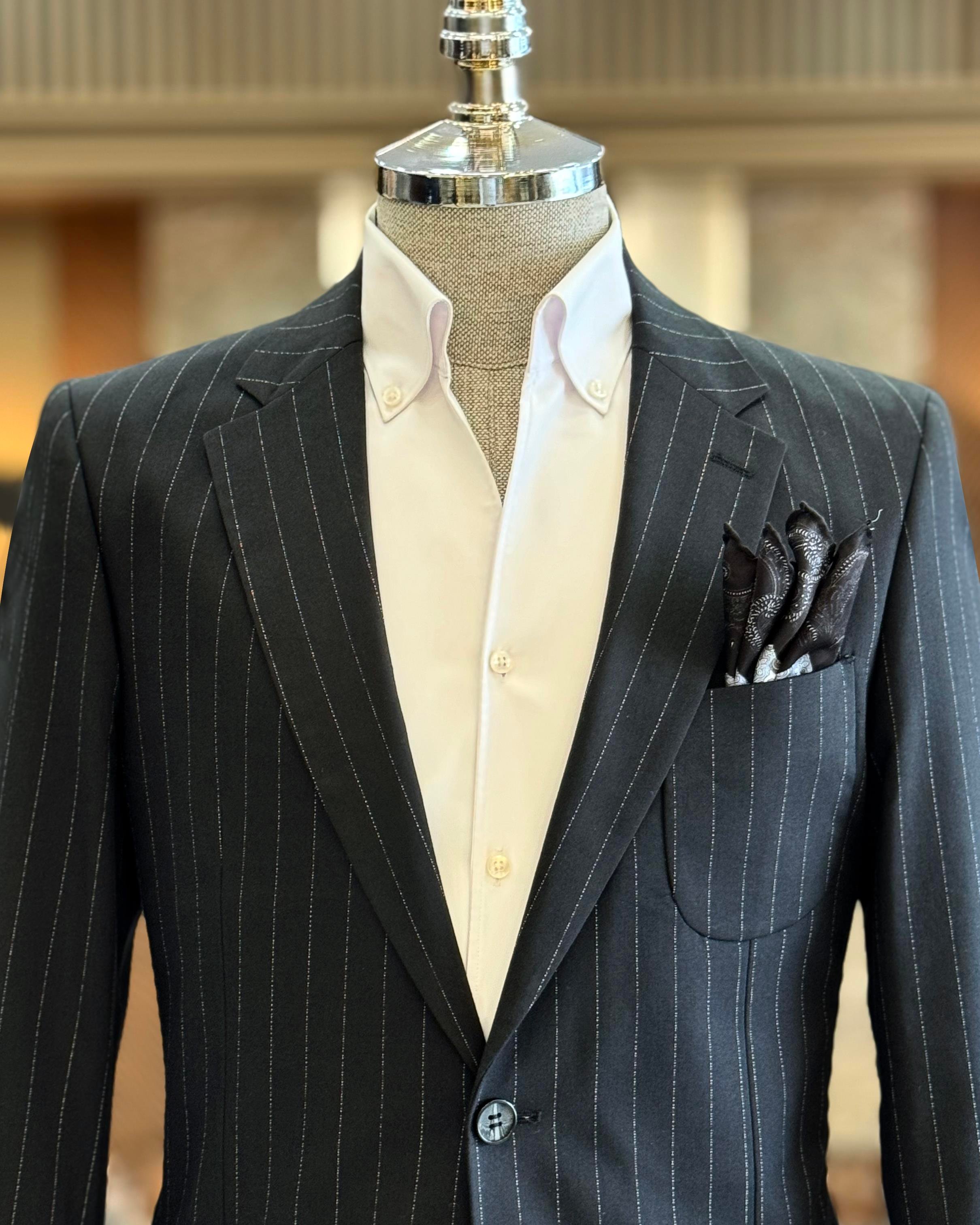 İtalyan stil slim fit çizgili erkek ceket pantolon takım elbise siyah T12917