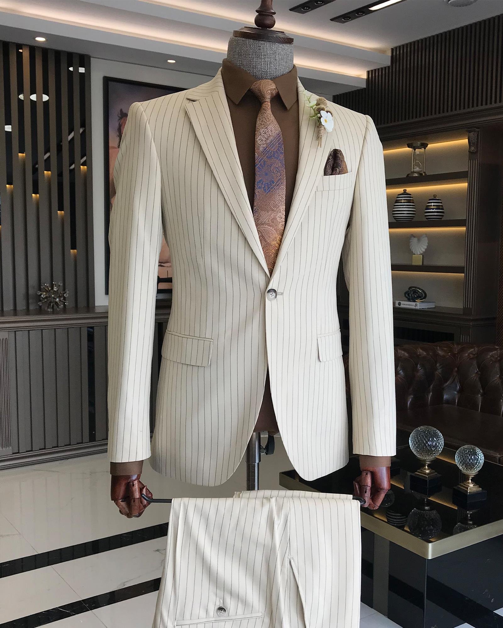 Italian Style Slim Fit Striped Men's Jacket Pants Suit Suit Beige T8670