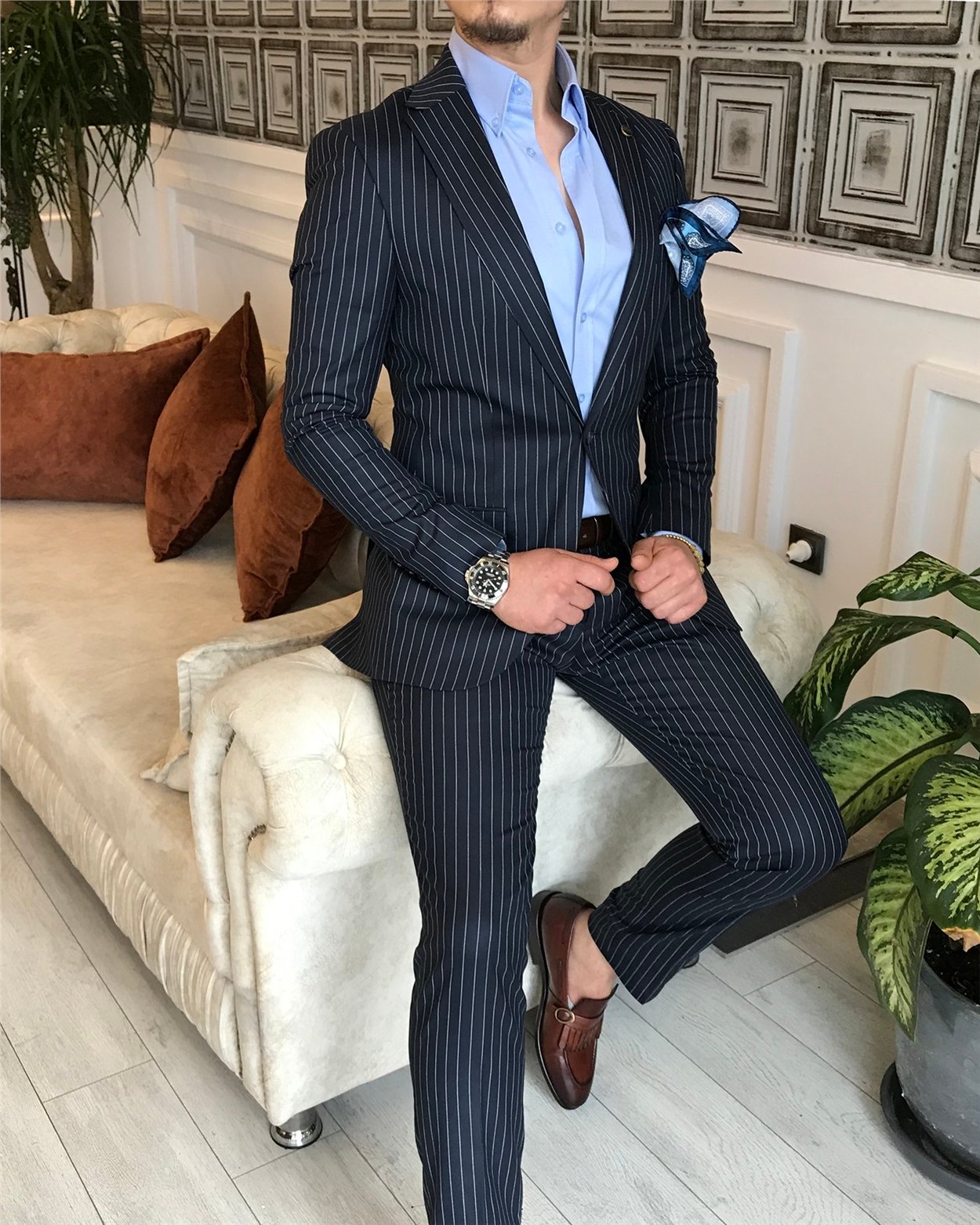 İtalyan stil slim fit çizgili erkek ceket pantolon takım elbise Koyu Lacivert T4896