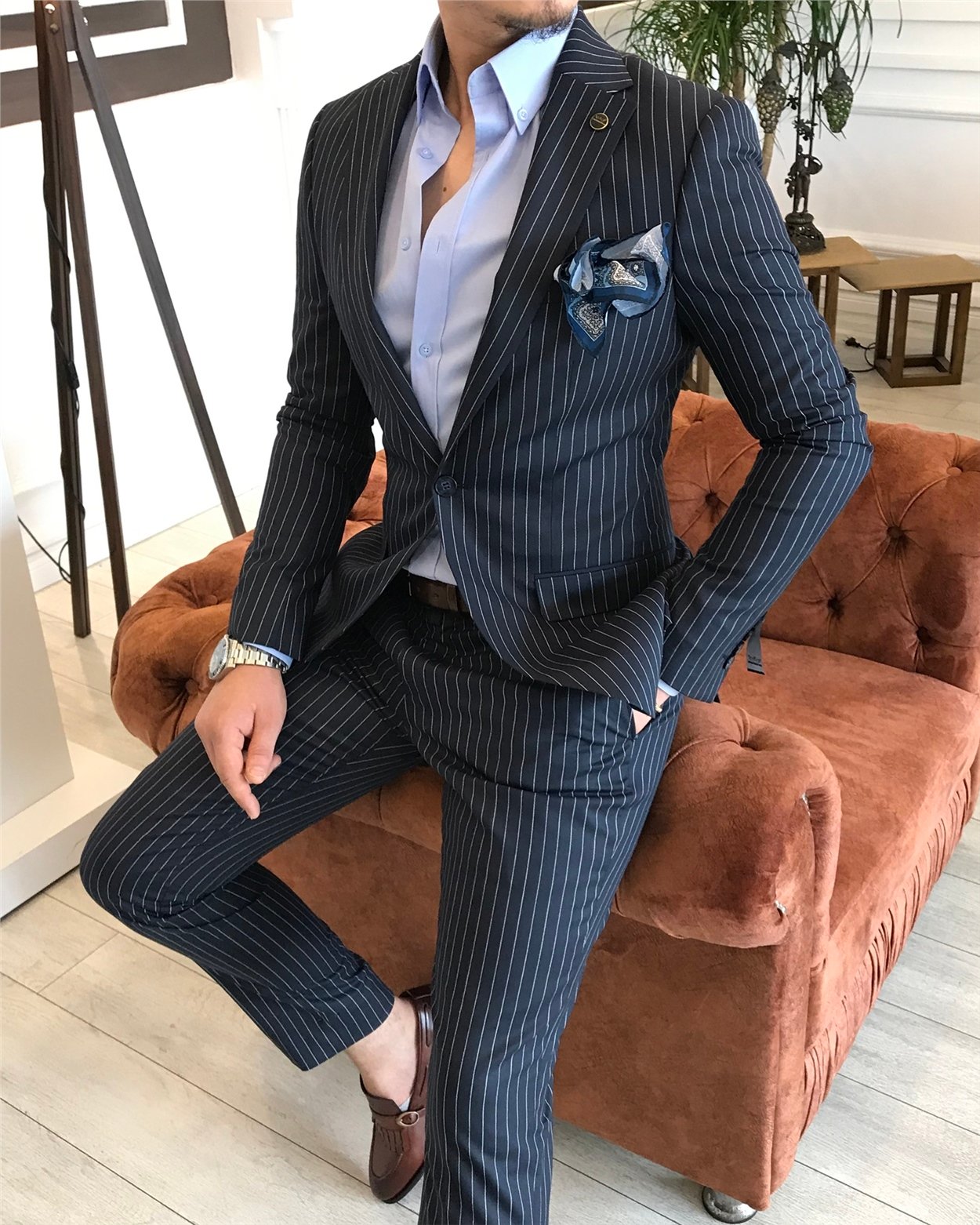 İtalyan stil slim fit çizgili erkek ceket pantolon takım elbise Koyu Lacivert T4896