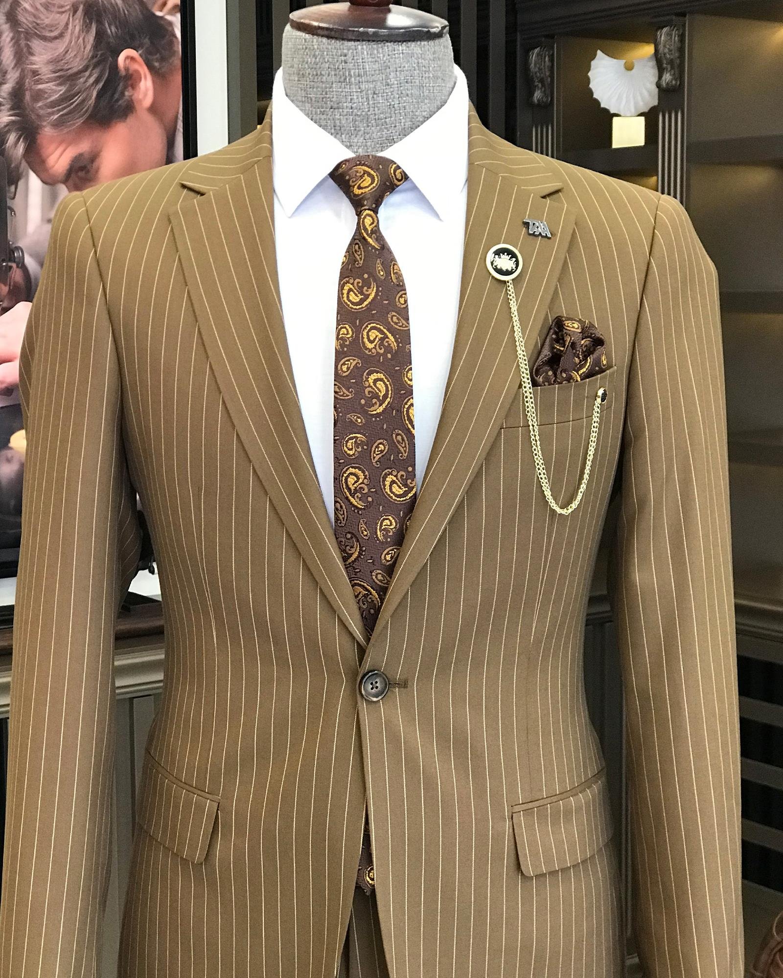 İtalyan stil slim fit çizgili erkek ceket pantolon takım elbise Kahverengi T7193