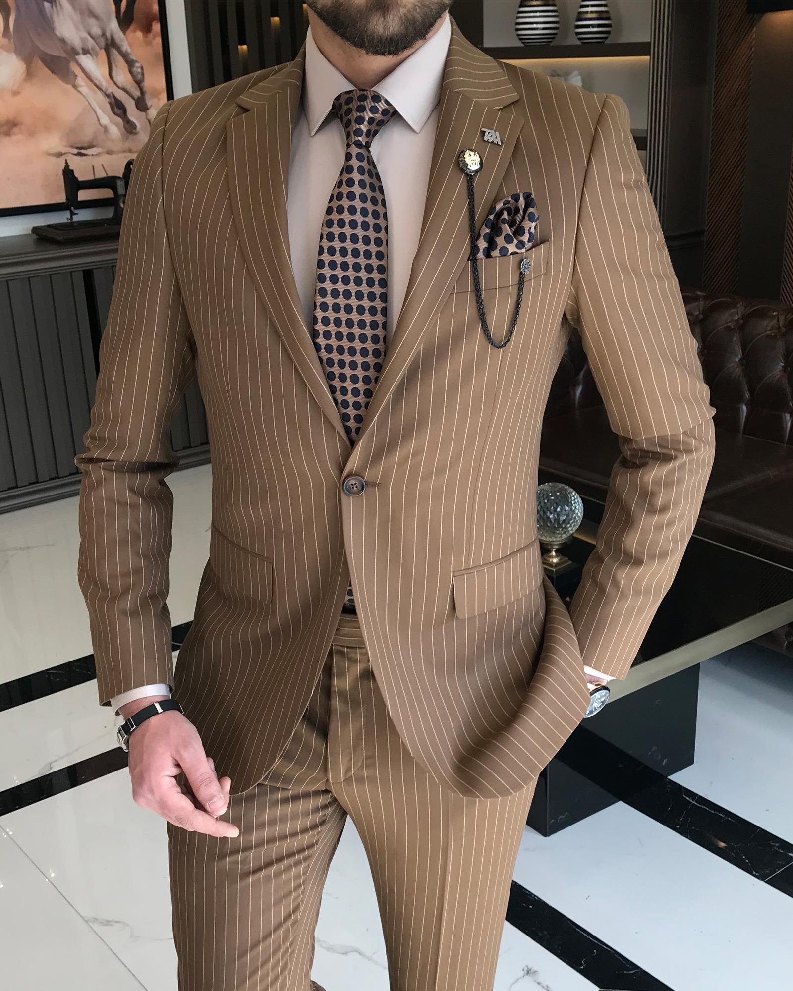 İtalyan stil slim fit çizgili erkek ceket pantolon takım elbise Kahverengi T7193