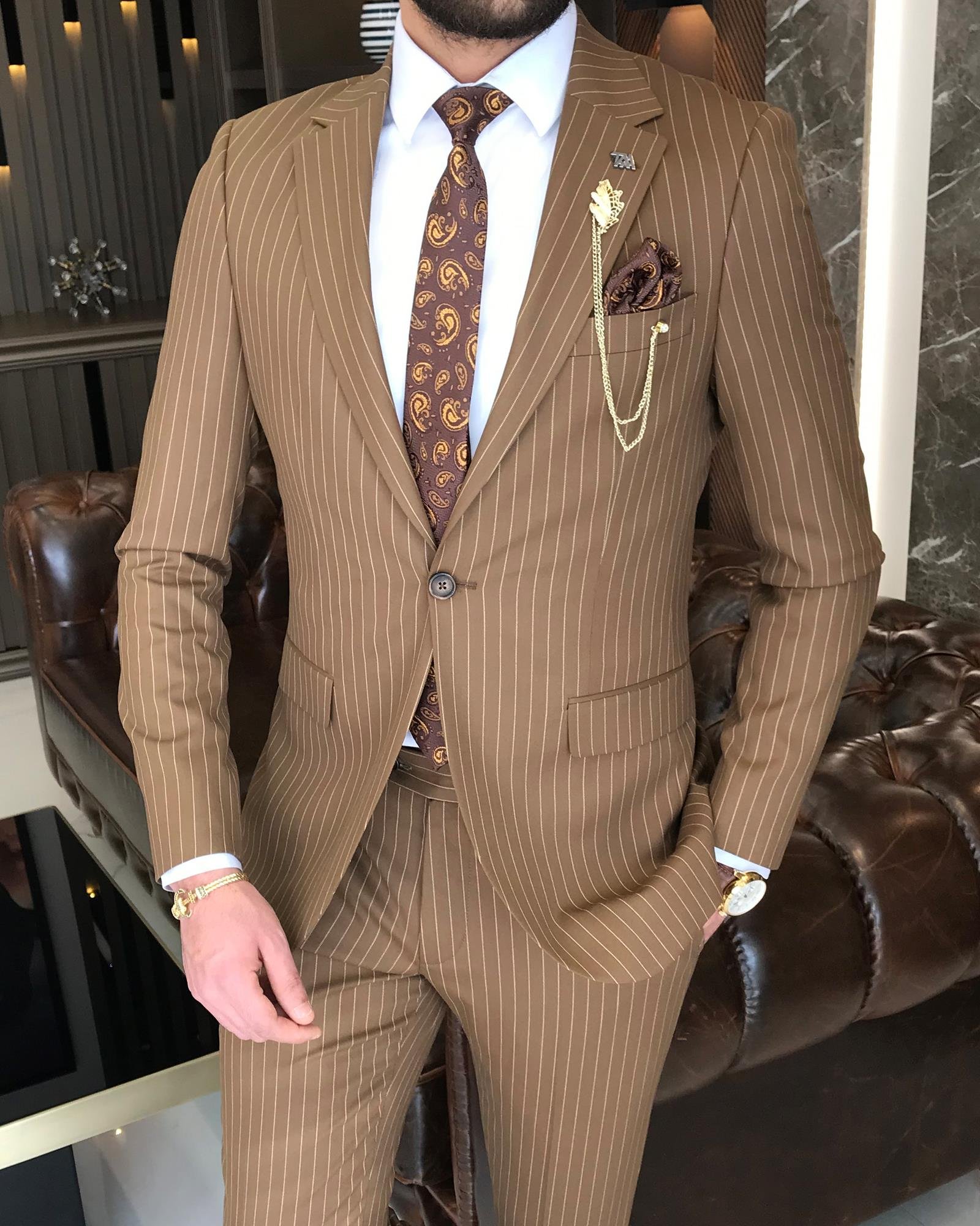 İtalyan stil slim fit çizgili erkek ceket pantolon takım elbise Kahverengi T7193