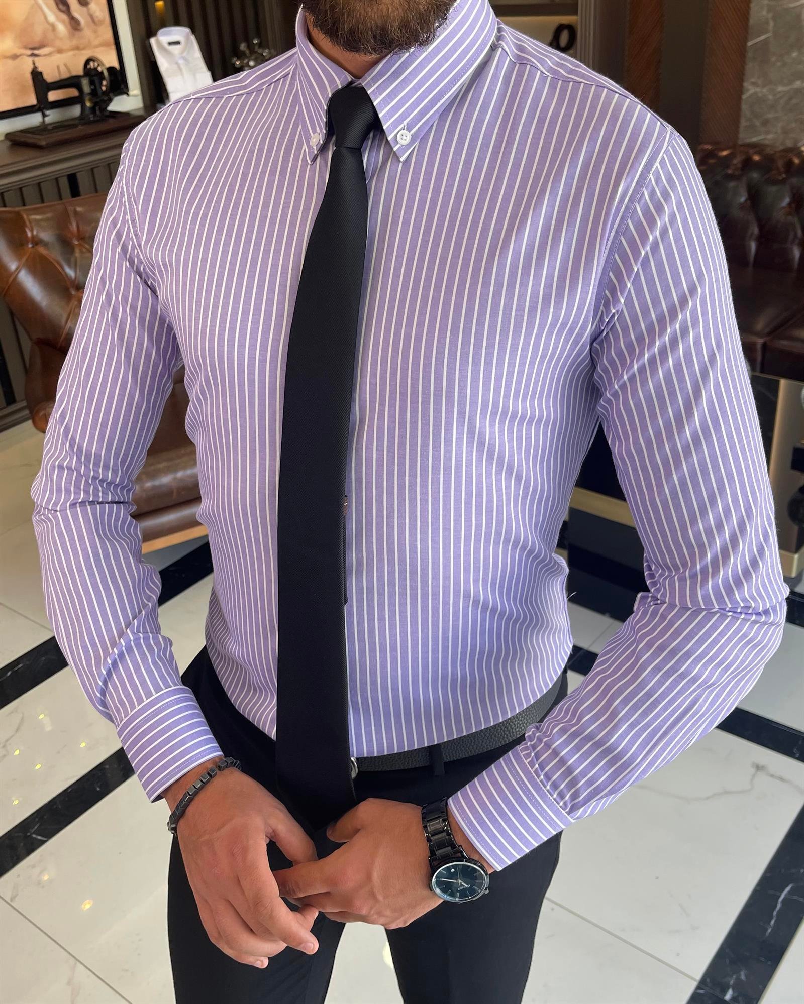 Italian style slim fit striped men's high collar shirt lilac T9253