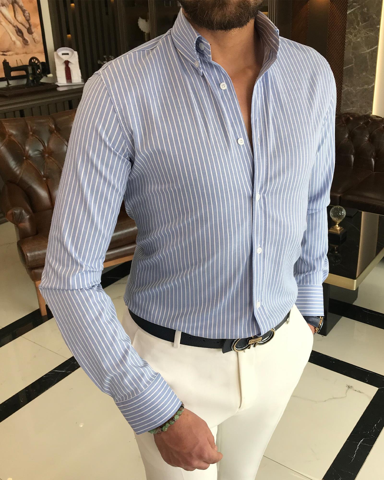 İtalyan stil slim fit çizgili erkek dik yaka gömlek mavi T9256
