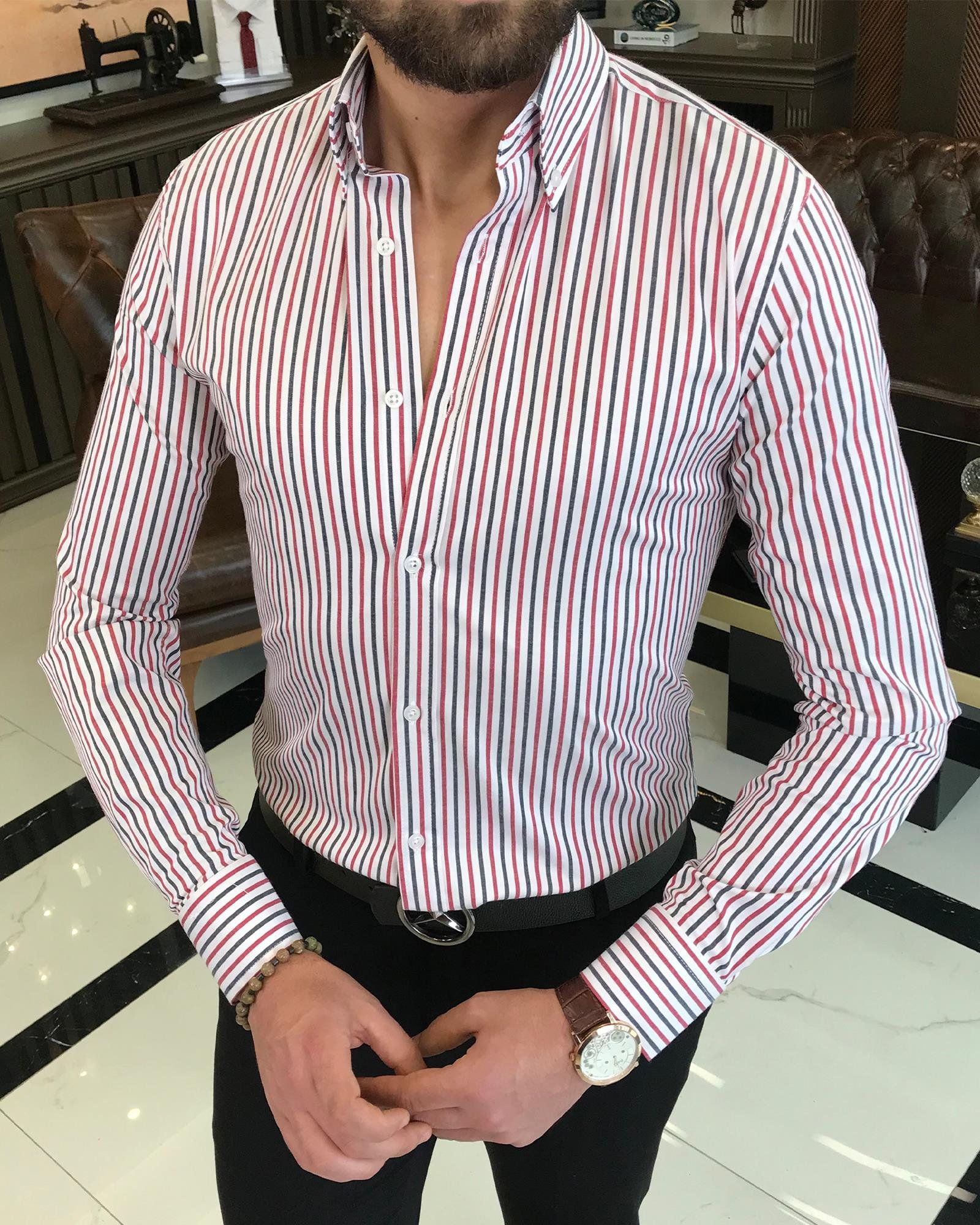 İtalyan stil slim fit çizgili erkek dik yaka gömlek beyaz T9250
