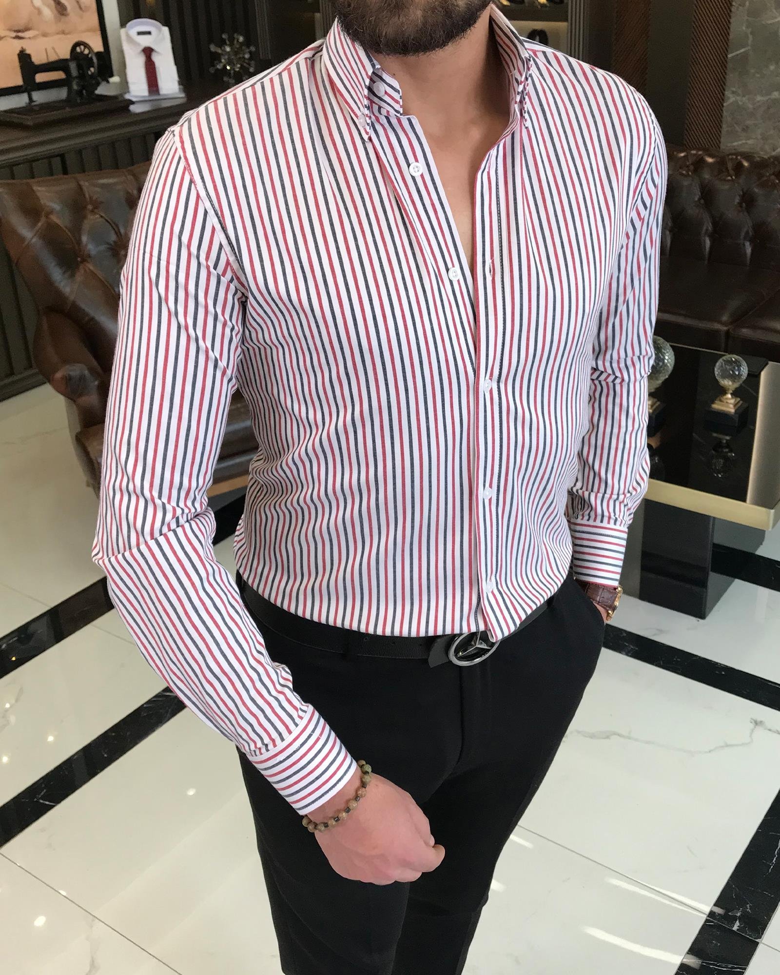 İtalyan stil slim fit çizgili erkek dik yaka gömlek beyaz T9250