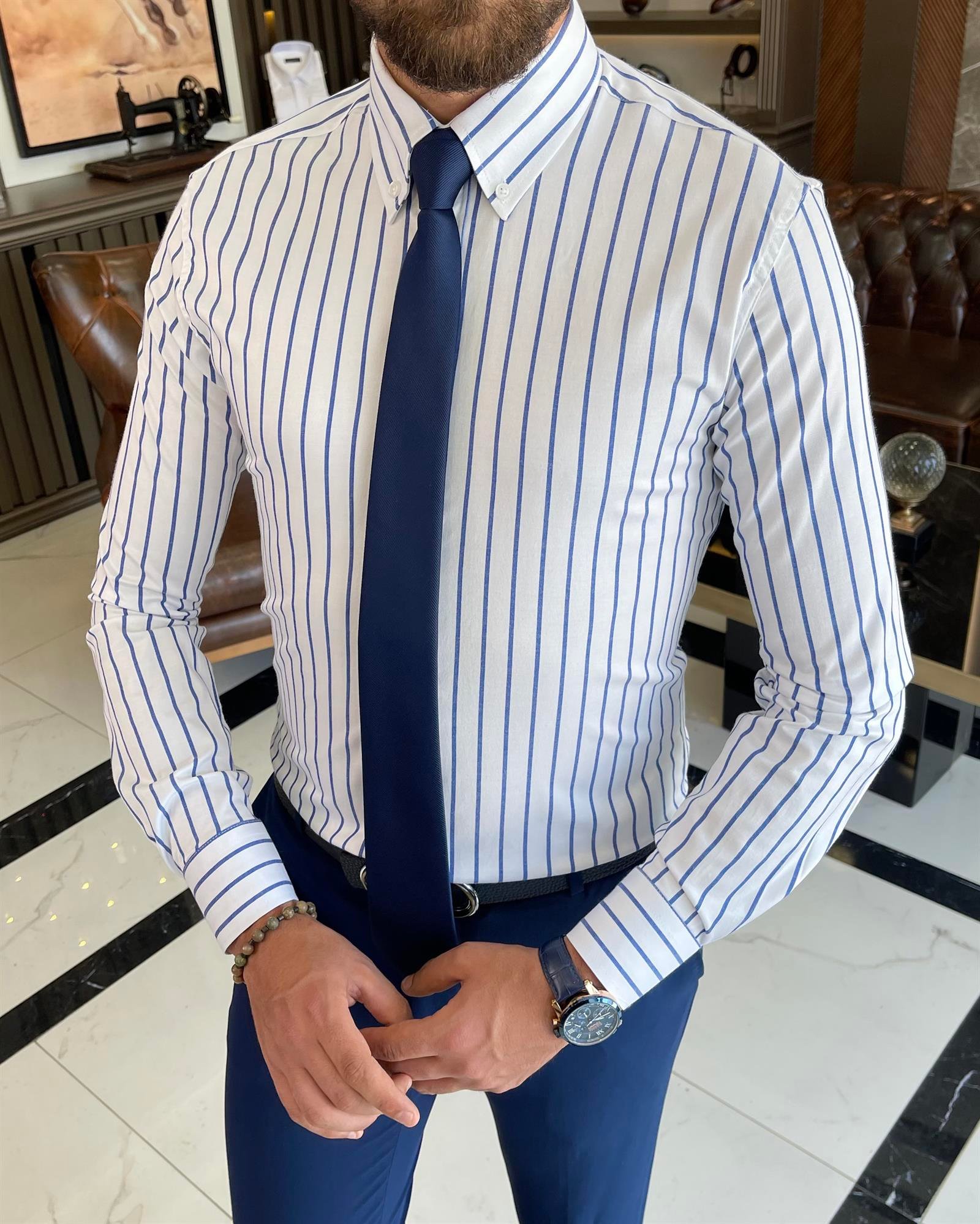 Italian style slim fit striped men's high collar shirt white T9244