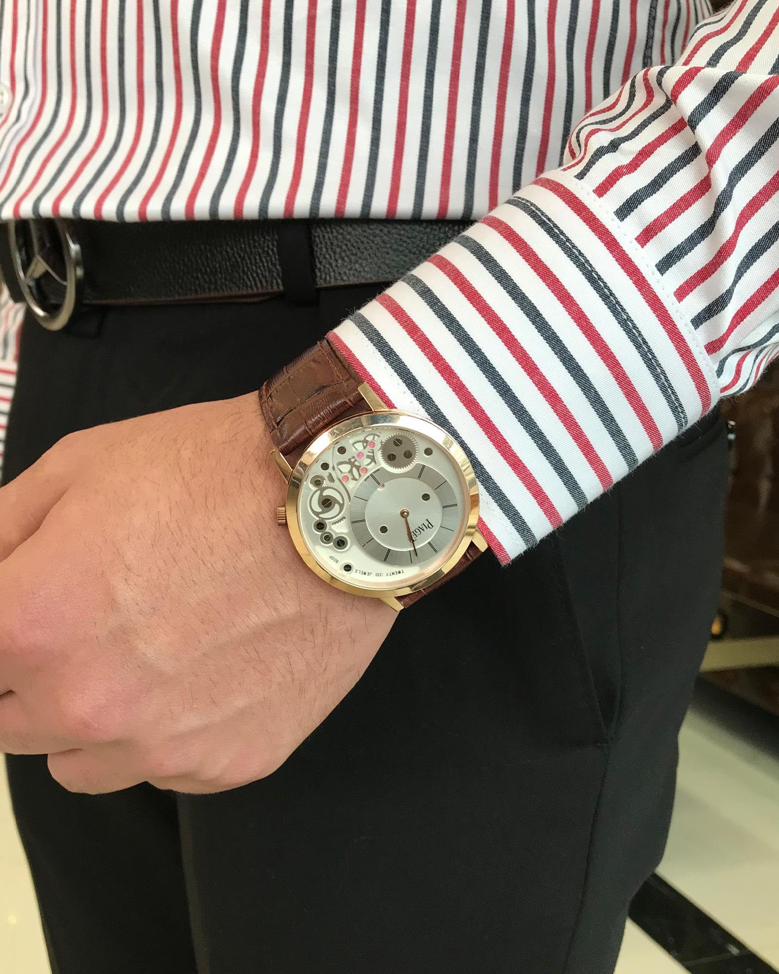 İtalyan stil slim fit çizgili erkek dik yaka gömlek beyaz T9250