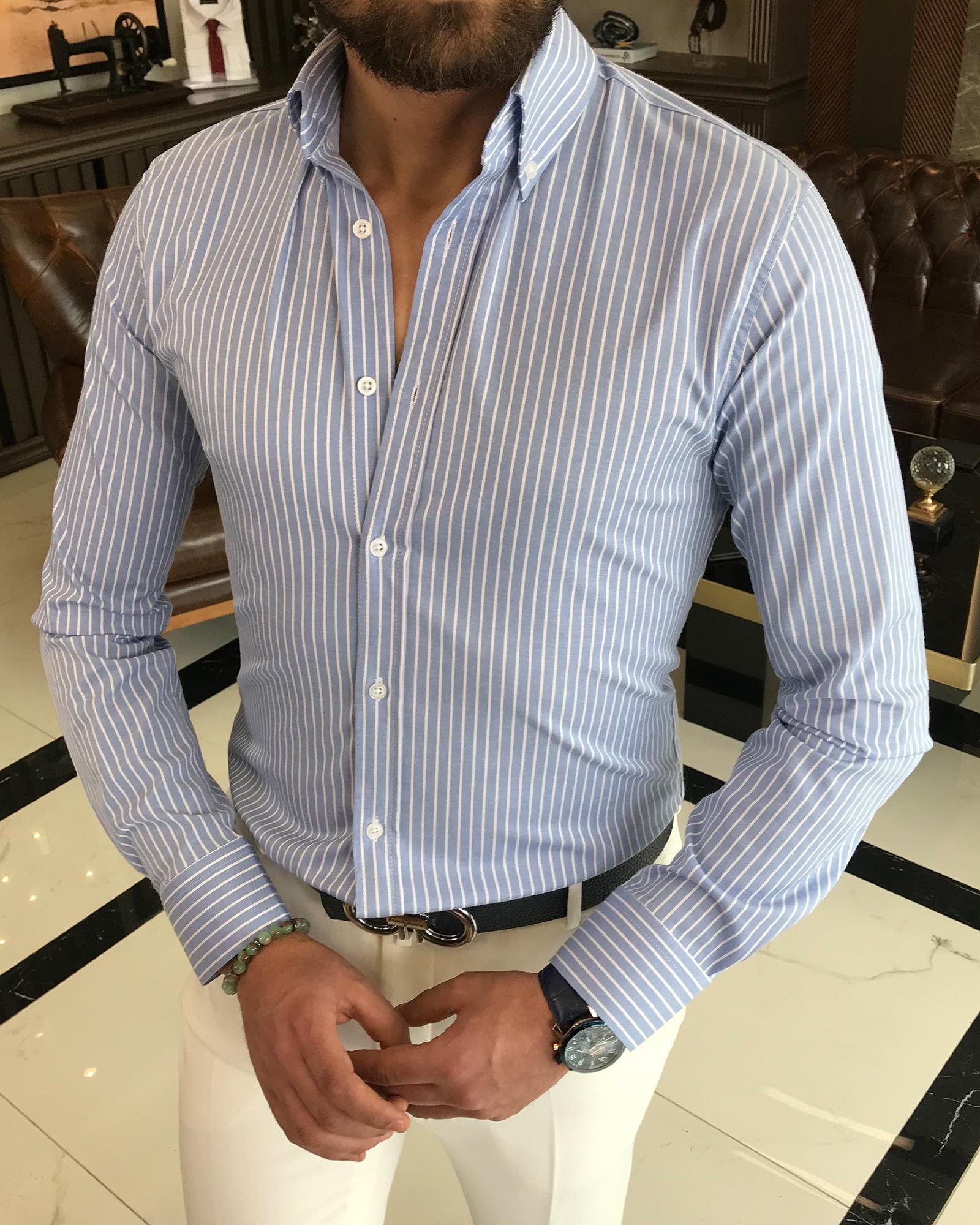 İtalyan stil slim fit çizgili erkek dik yaka gömlek mavi T9256