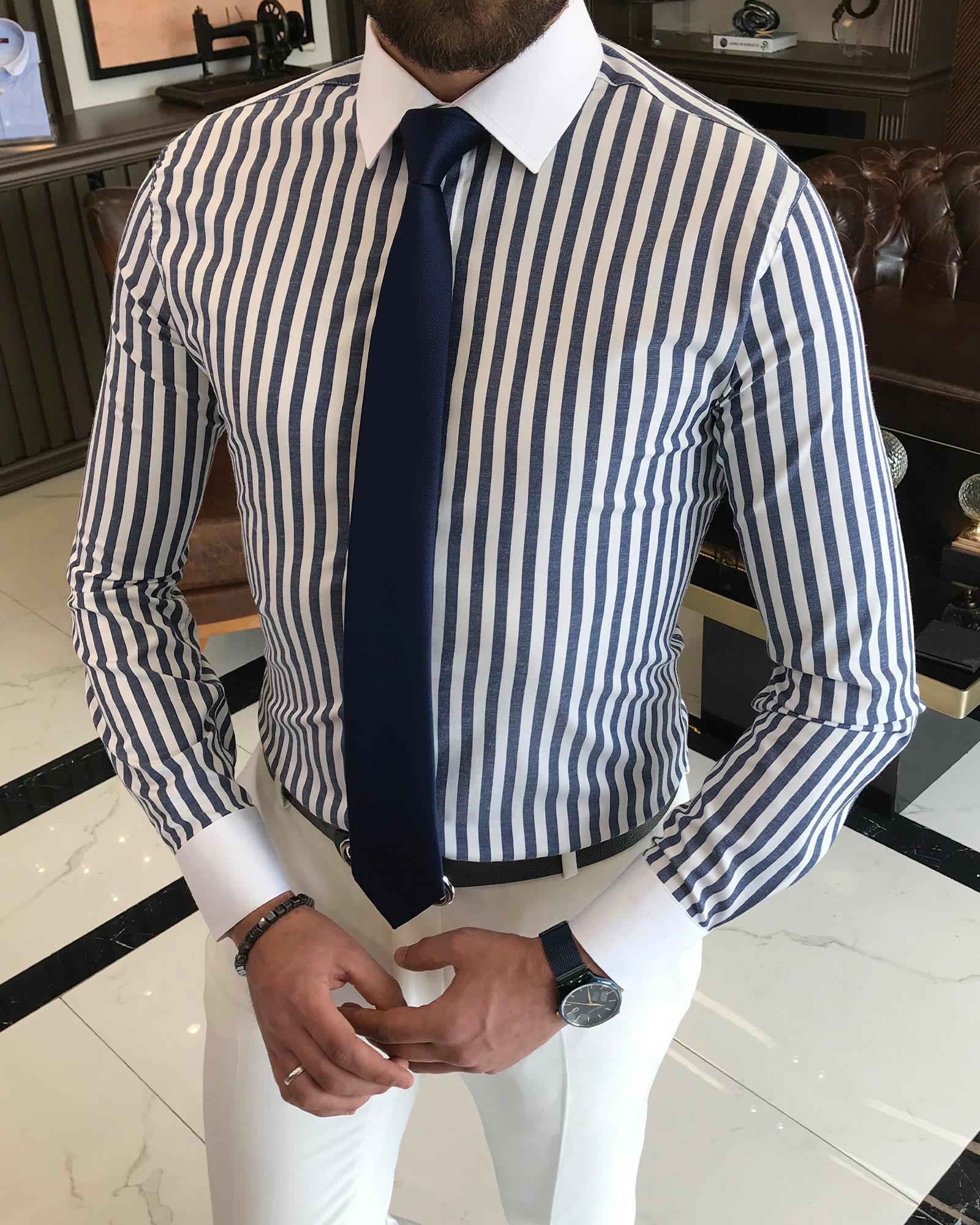 İtalyan stil slim fit çizgili erkek kravat yaka gömlek lacivert T9228