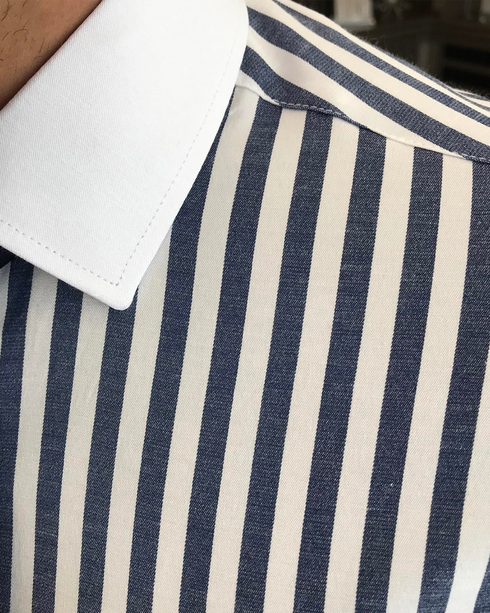 İtalyan stil slim fit çizgili erkek kravat yaka gömlek lacivert T9228