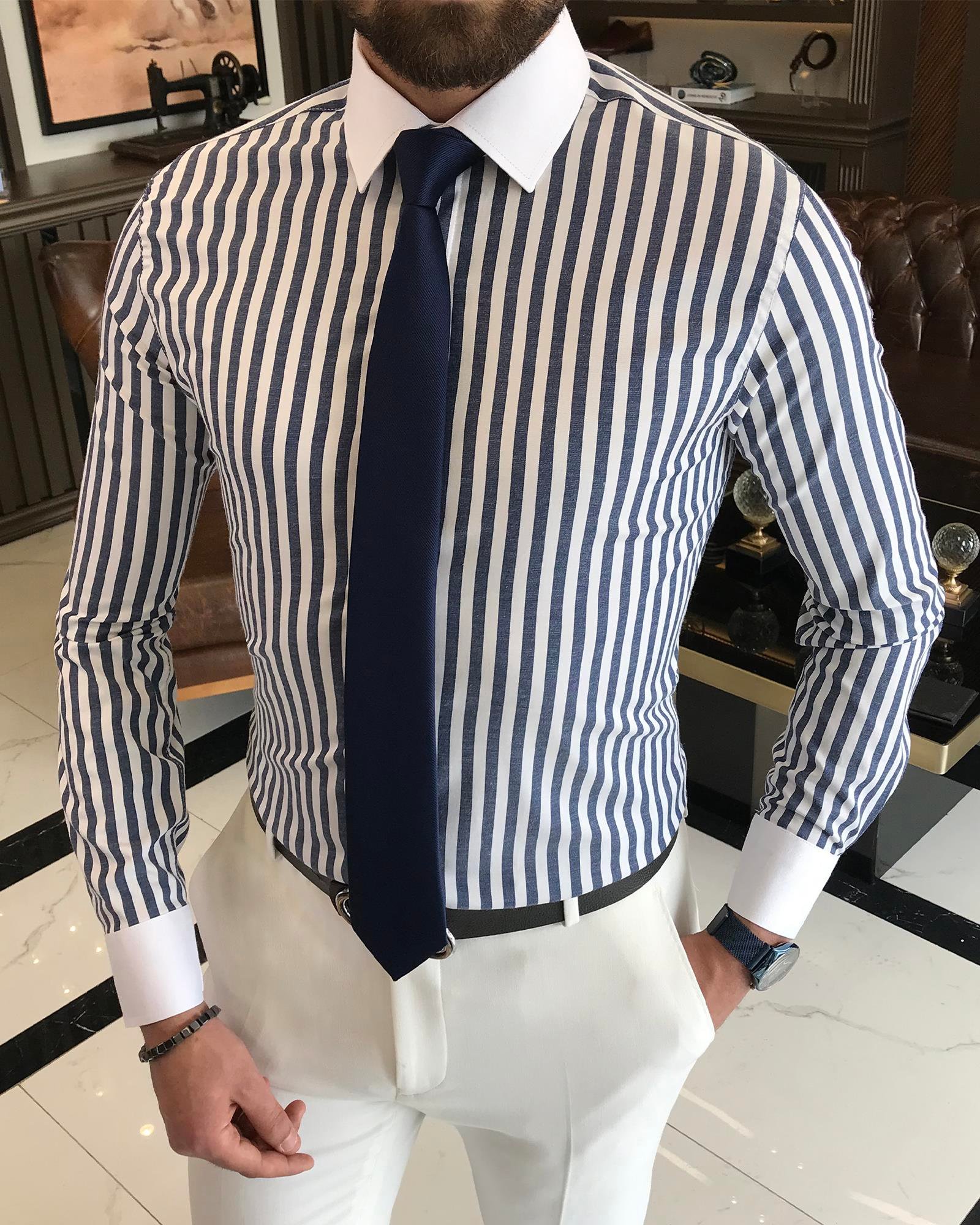 İtalyan stil slim fit çizgili erkek kravat yaka gömlek lacivert T9228